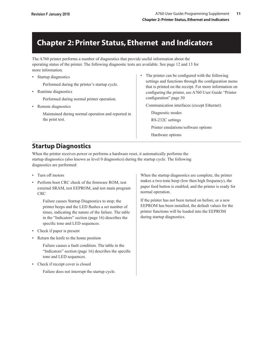 Chapter 2: printer status, ethernet and indicators, Startup diagnostics | CognitiveTPG A760 User Manual | Page 11 / 154