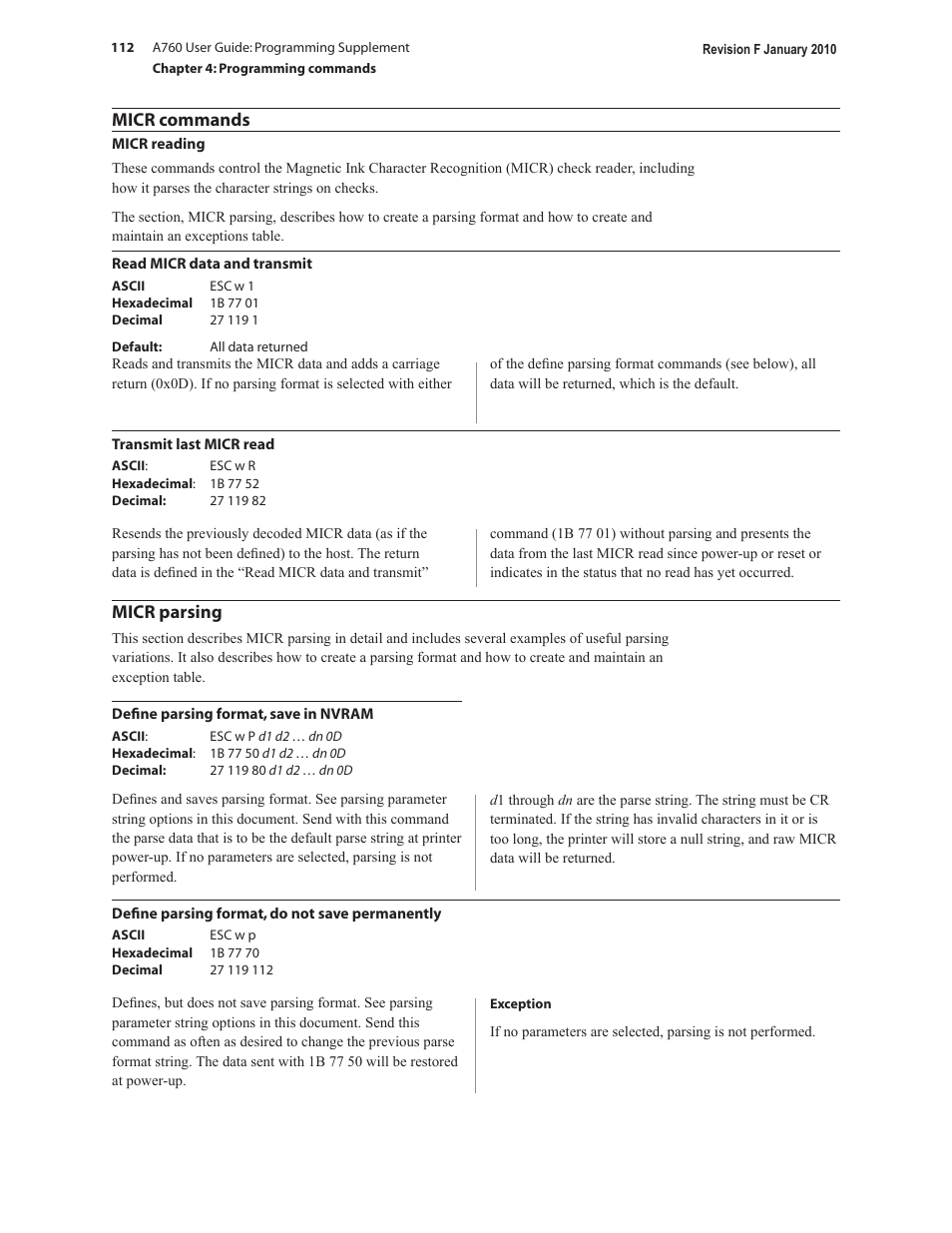 Micr commands, Micr parsing | CognitiveTPG A760 User Manual | Page 112 / 154
