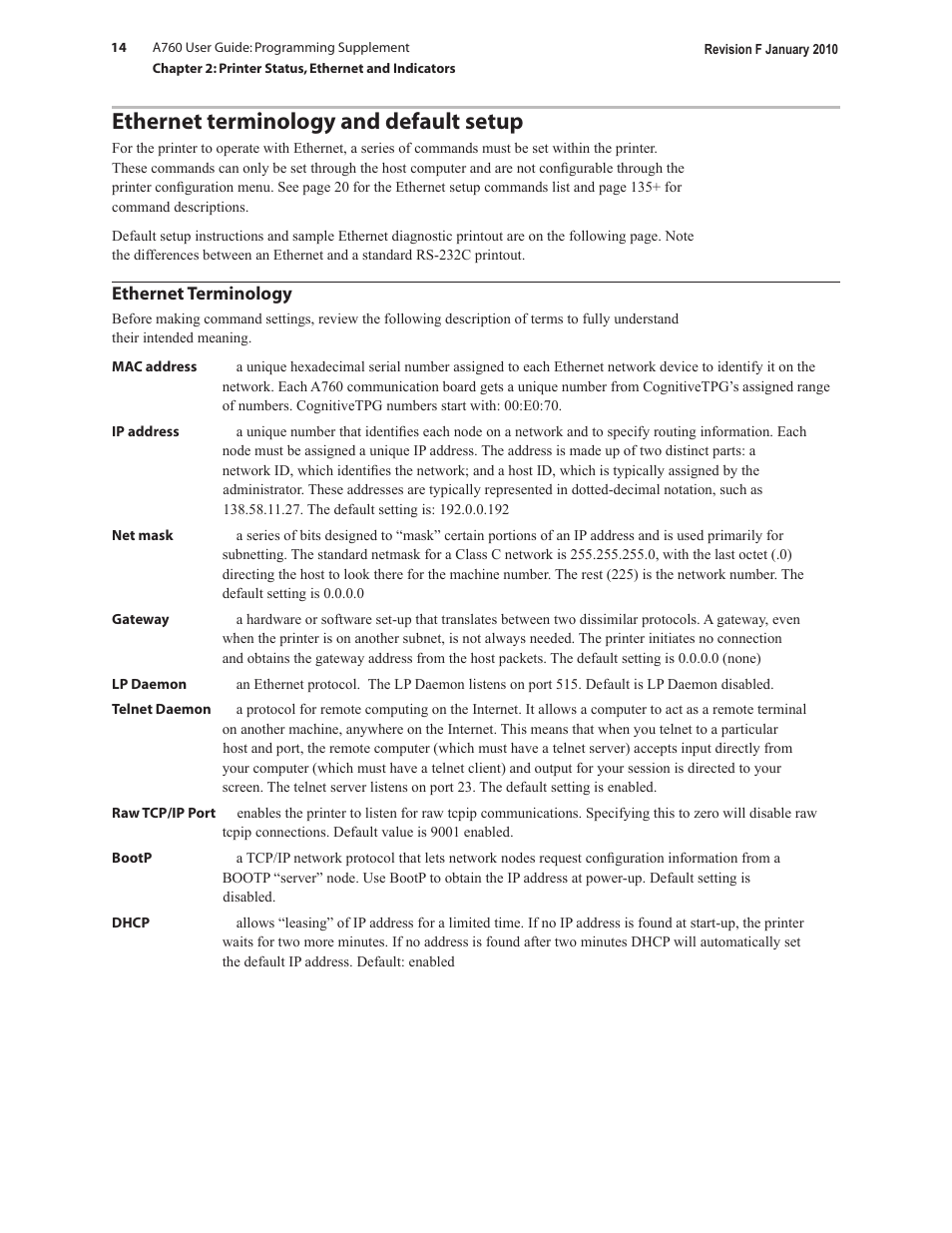 Ethernet terminology and default setup, Ethernet terminology | CognitiveTPG A760 User Manual | Page 14 / 154