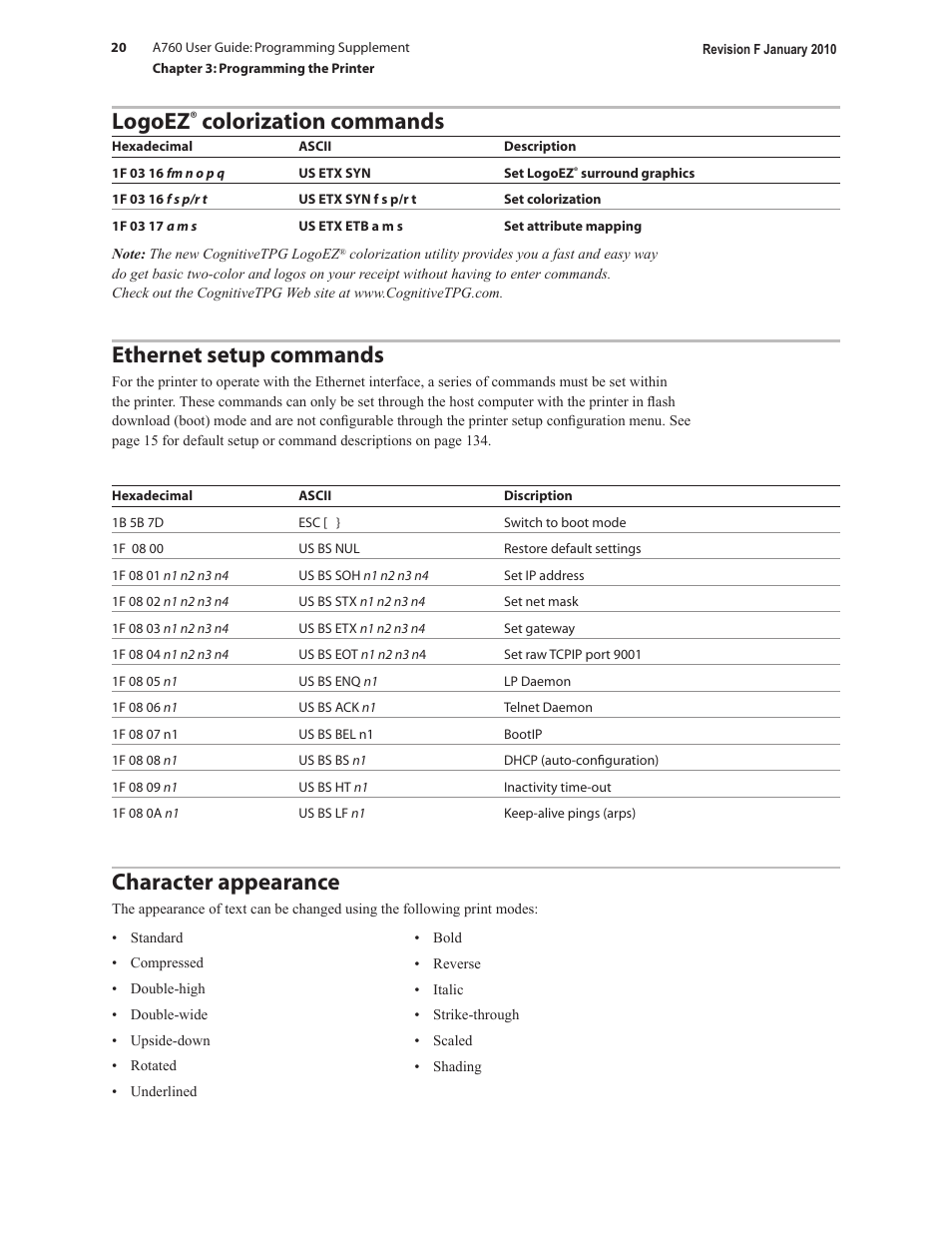 Logoez, Colorization commands, Ethernet setup commands | Character appearance | CognitiveTPG A760 User Manual | Page 20 / 154