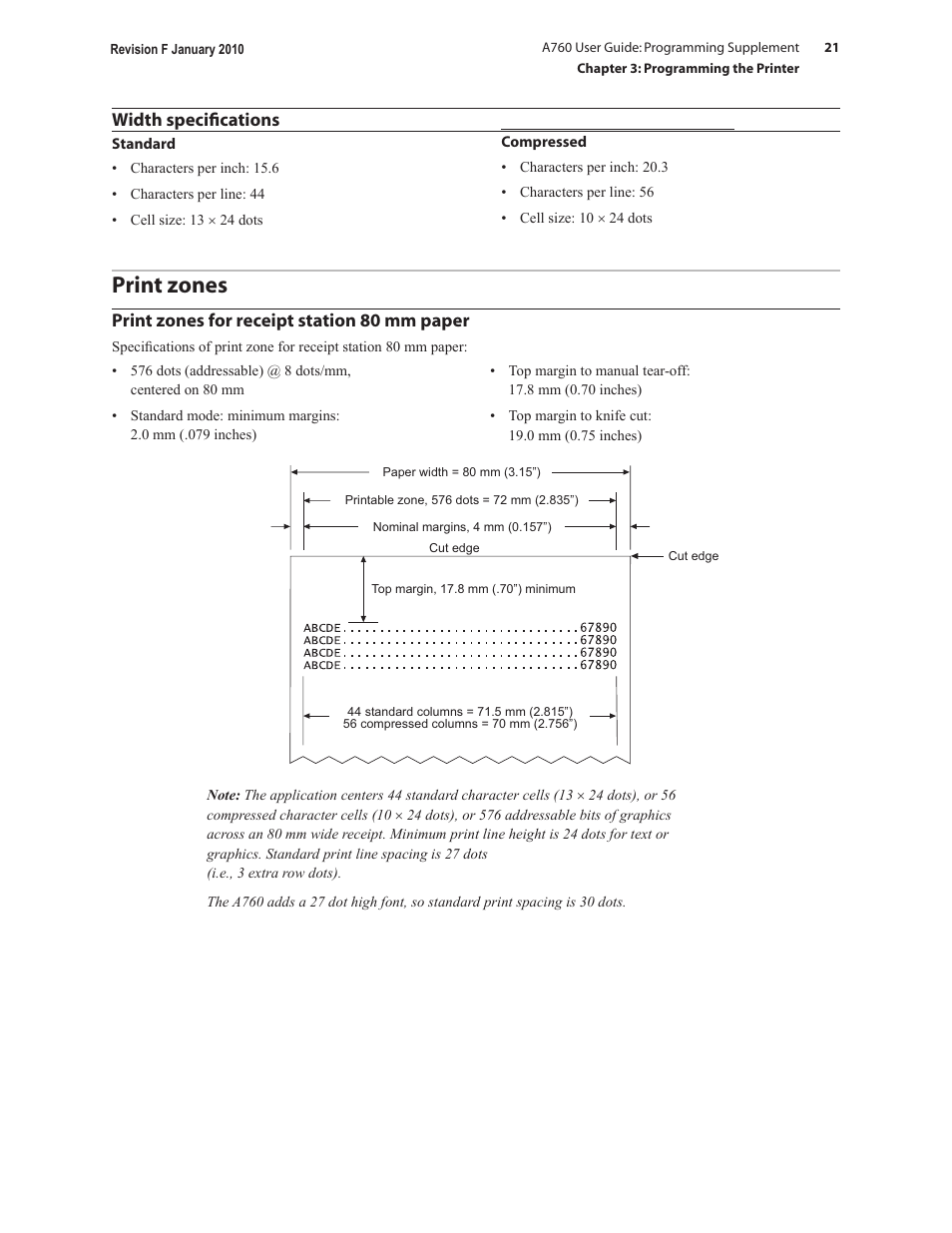 Print zones, Width specifications, Print zones for receipt station 80 mm paper | CognitiveTPG A760 User Manual | Page 21 / 154