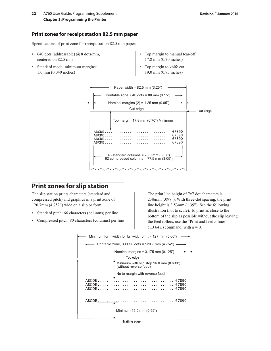 Print zones for slip station, Print zones for receipt station 82.5 mm paper | CognitiveTPG A760 User Manual | Page 22 / 154