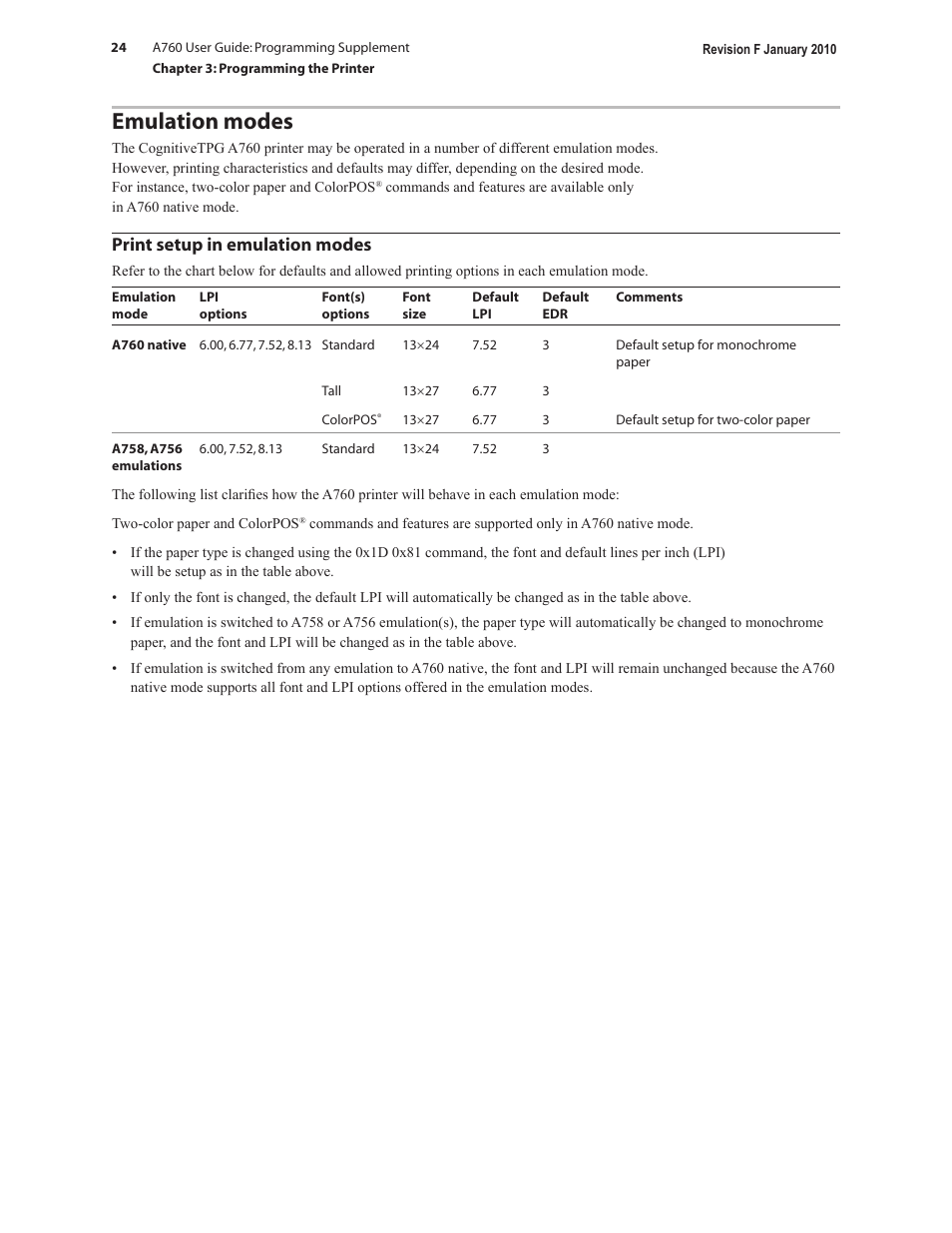 Emulation modes, Print setup in emulation modes | CognitiveTPG A760 User Manual | Page 24 / 154