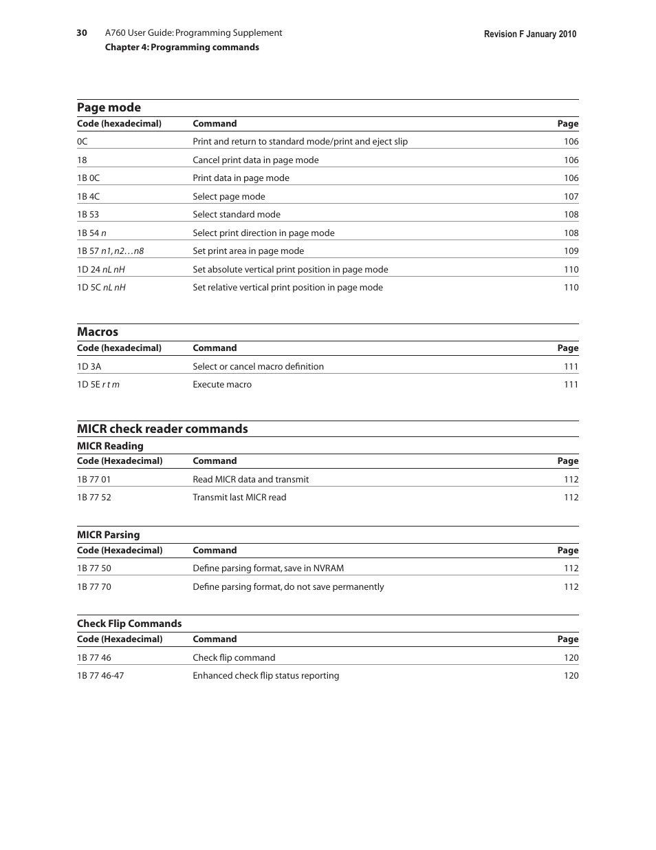 Page mode, Macros, Micr check reader commands | CognitiveTPG A760 User Manual | Page 30 / 154