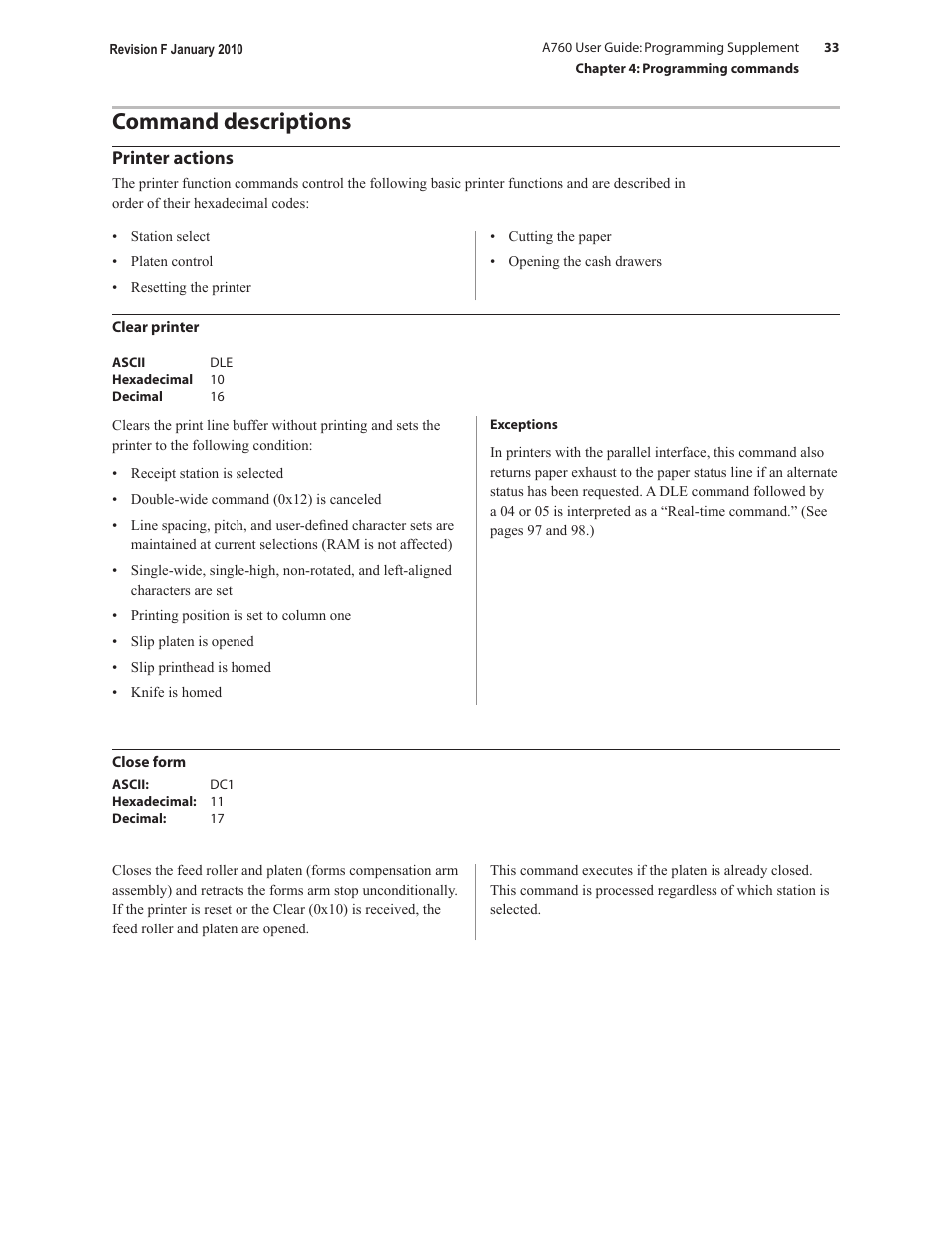 Command descriptions, Printer actions | CognitiveTPG A760 User Manual | Page 33 / 154