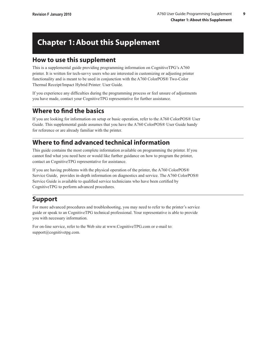 Chapter 1: about this supplement, How to use this supplement, Where to find the basics | Where to find advanced technical information, Support | CognitiveTPG A760 User Manual | Page 9 / 154