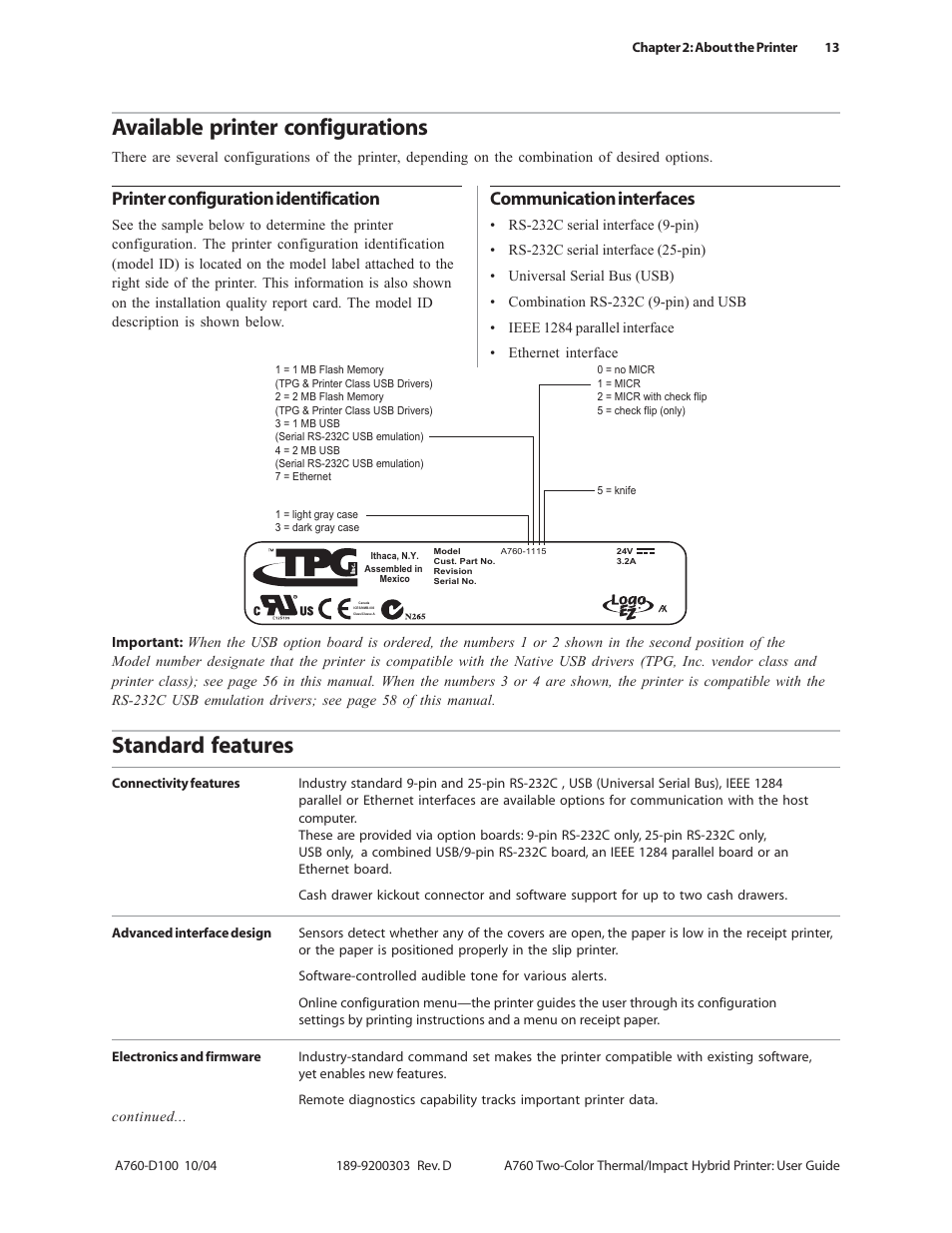 Available printer configurations, Standard features, Printer configuration identification | Communication interfaces | CognitiveTPG A760 User Manual | Page 13 / 64
