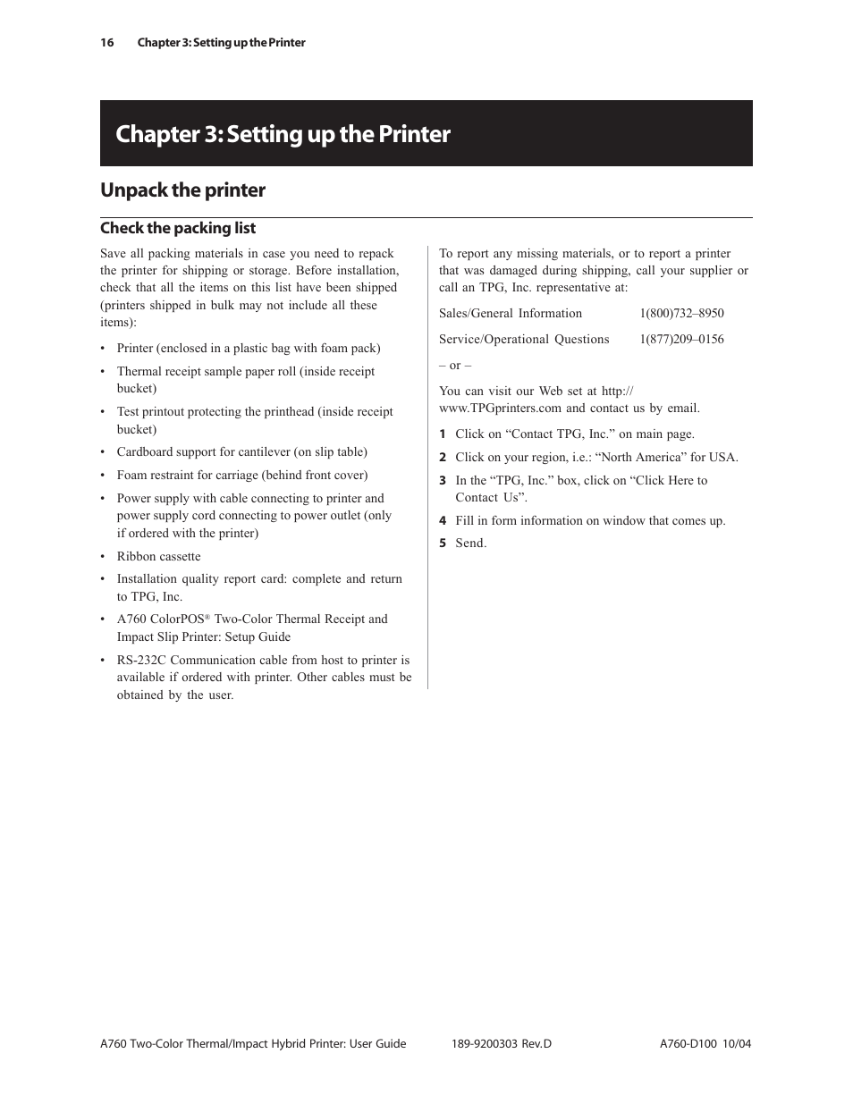 Chapter 3: setting up the printer, Unpack the printer, Check the packing list | CognitiveTPG A760 User Manual | Page 16 / 64