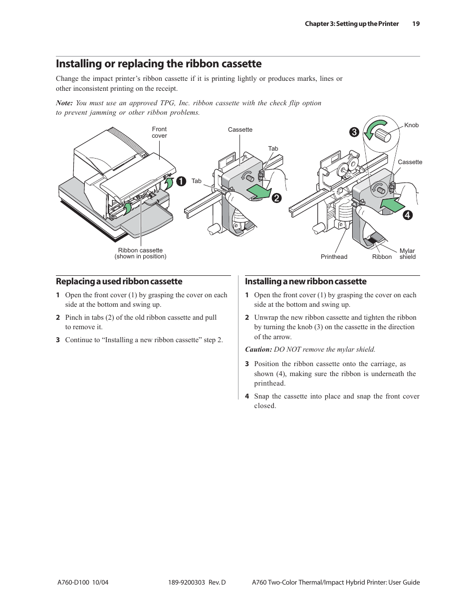 Installing or replacing the ribbon cassette, Replacing a used ribbon cassette, Installing a new ribbon cassette | CognitiveTPG A760 User Manual | Page 19 / 64
