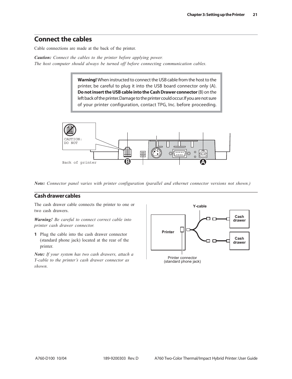 Connect the cables, Cash drawer cables | CognitiveTPG A760 User Manual | Page 21 / 64