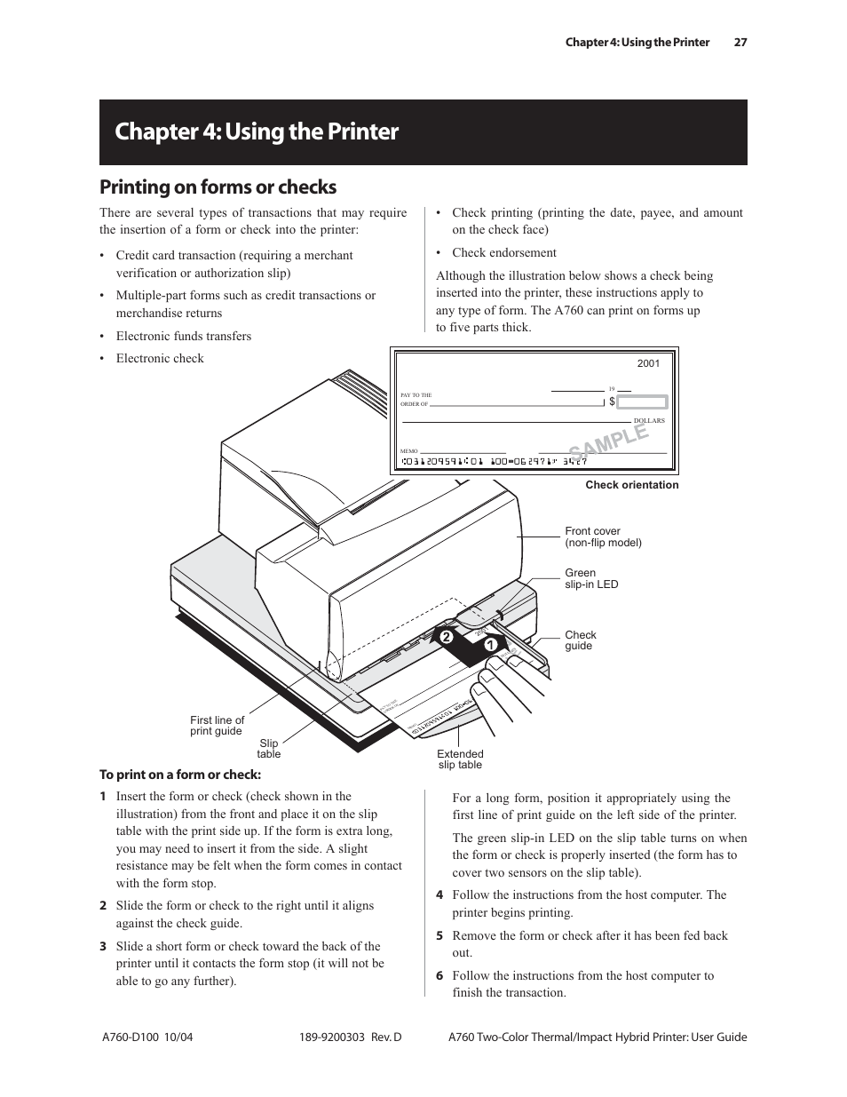 Chapter 4: using the printer, Printing on forms or checks, Sample | CognitiveTPG A760 User Manual | Page 27 / 64