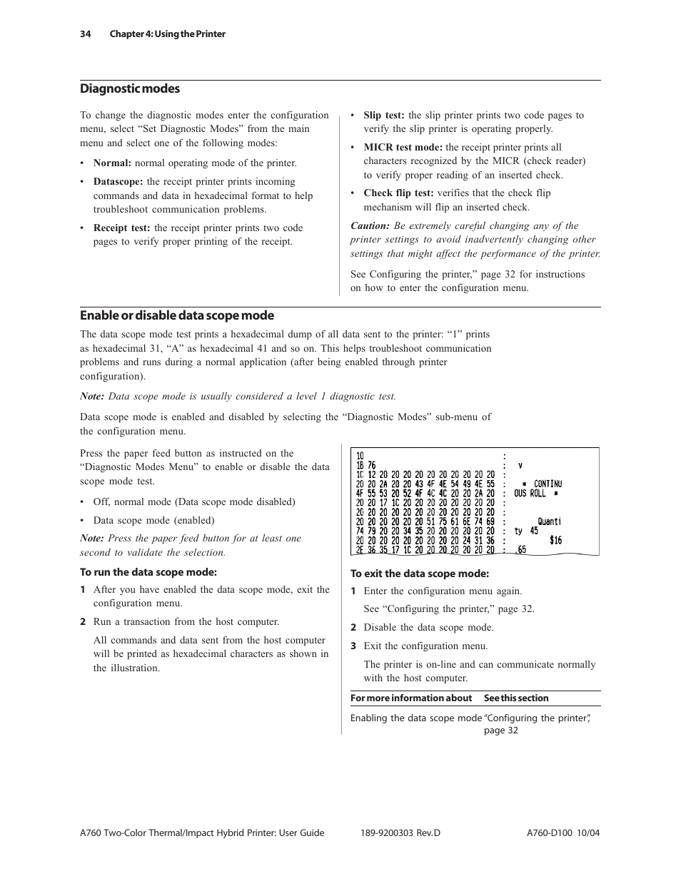 Diagnostic modes, Enable or disable data scope mode | CognitiveTPG A760 User Manual | Page 34 / 64