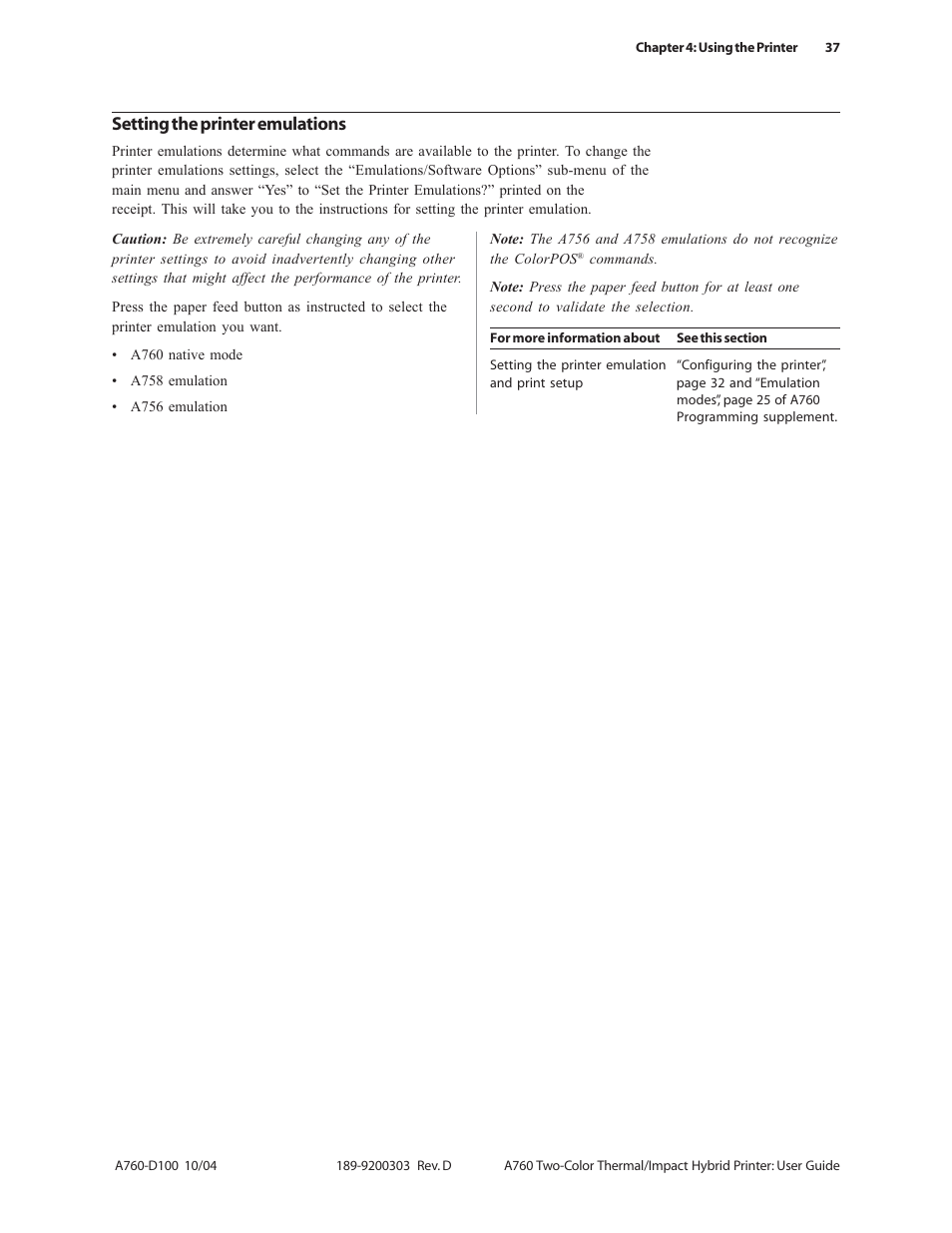 Setting the printer emulations | CognitiveTPG A760 User Manual | Page 37 / 64