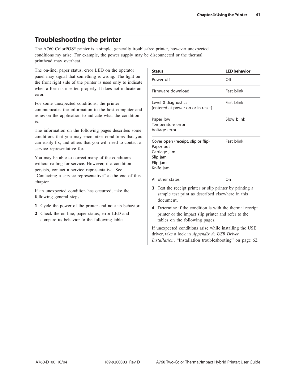 Troubleshooting the printer | CognitiveTPG A760 User Manual | Page 41 / 64