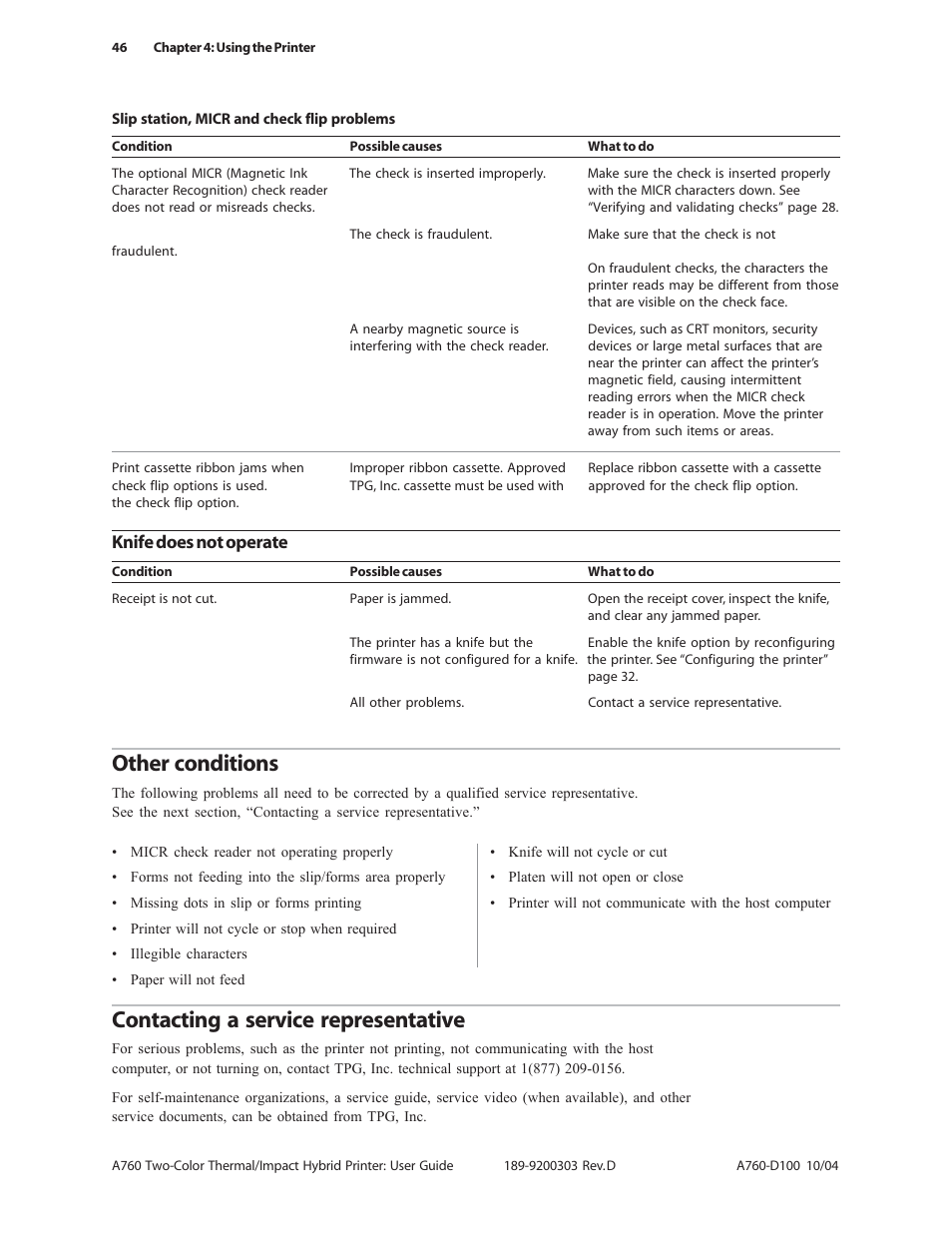Other conditions, Contacting a service representative, Knife does not operate | CognitiveTPG A760 User Manual | Page 46 / 64