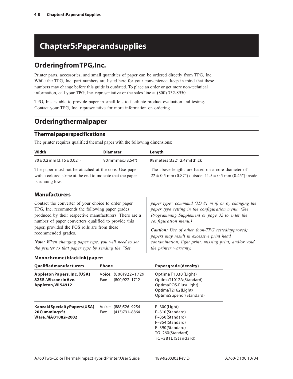 Chapter 5: paper and supplies, Ordering from tpg, inc, Ordering thermal paper | CognitiveTPG A760 User Manual | Page 48 / 64