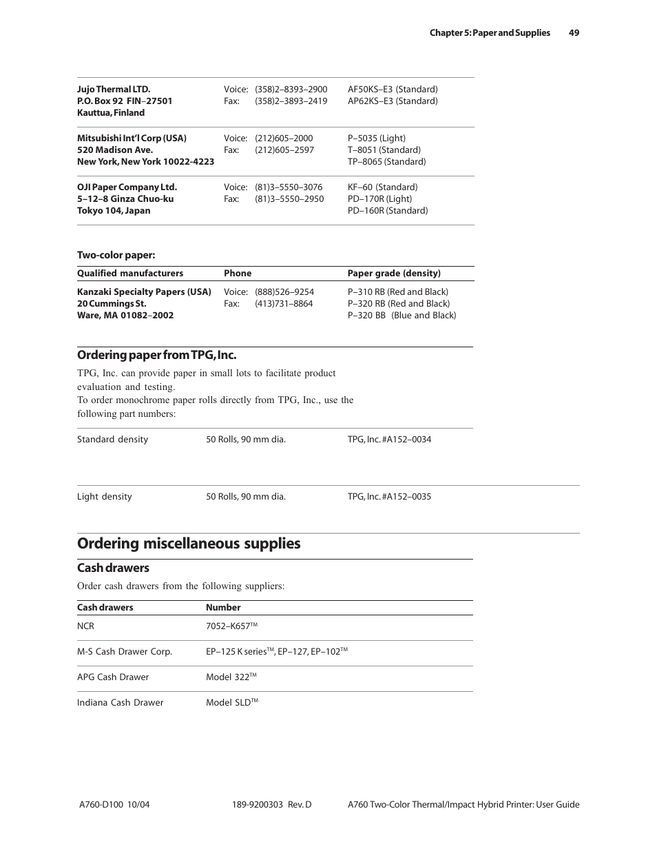 Ordering miscellaneous supplies, Ordering paper from tpg, inc, Cash drawers | CognitiveTPG A760 User Manual | Page 49 / 64