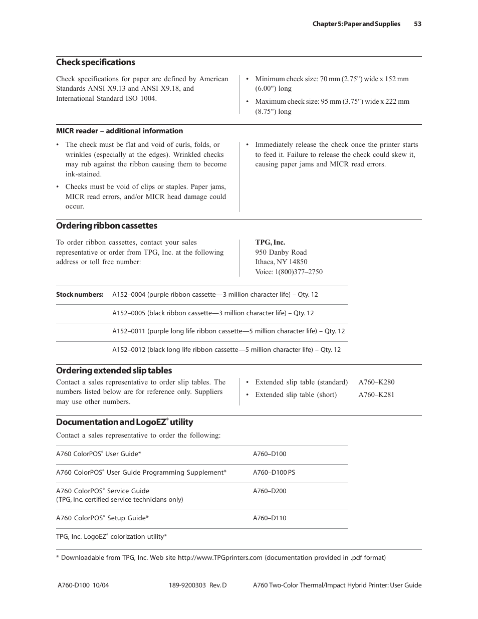 Check specifications, Ordering ribbon cassettes, Ordering extended slip tables | Documentation and logoez, Utility | CognitiveTPG A760 User Manual | Page 53 / 64