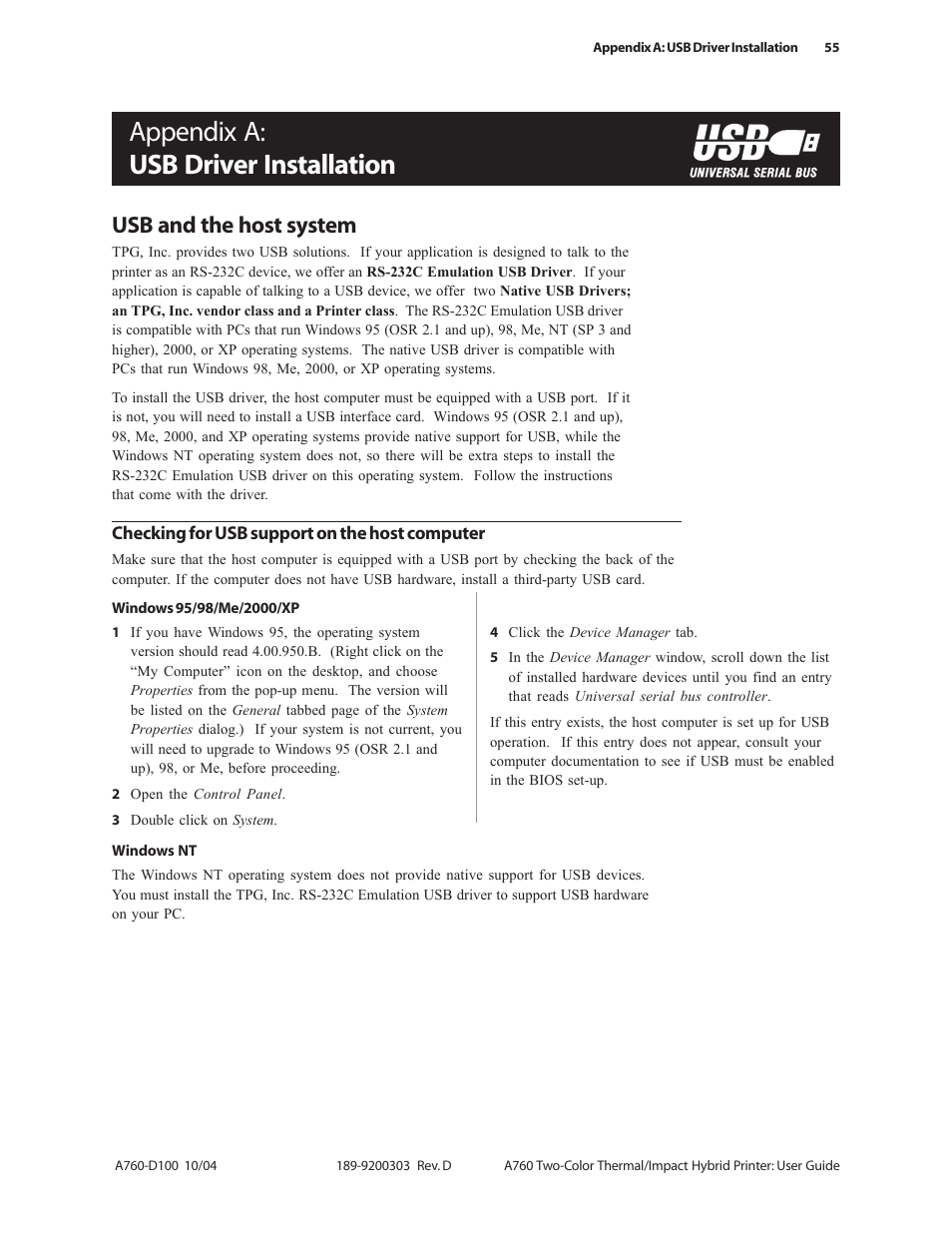 Appendix a: usb driver installation, Usb and the host system | CognitiveTPG A760 User Manual | Page 55 / 64