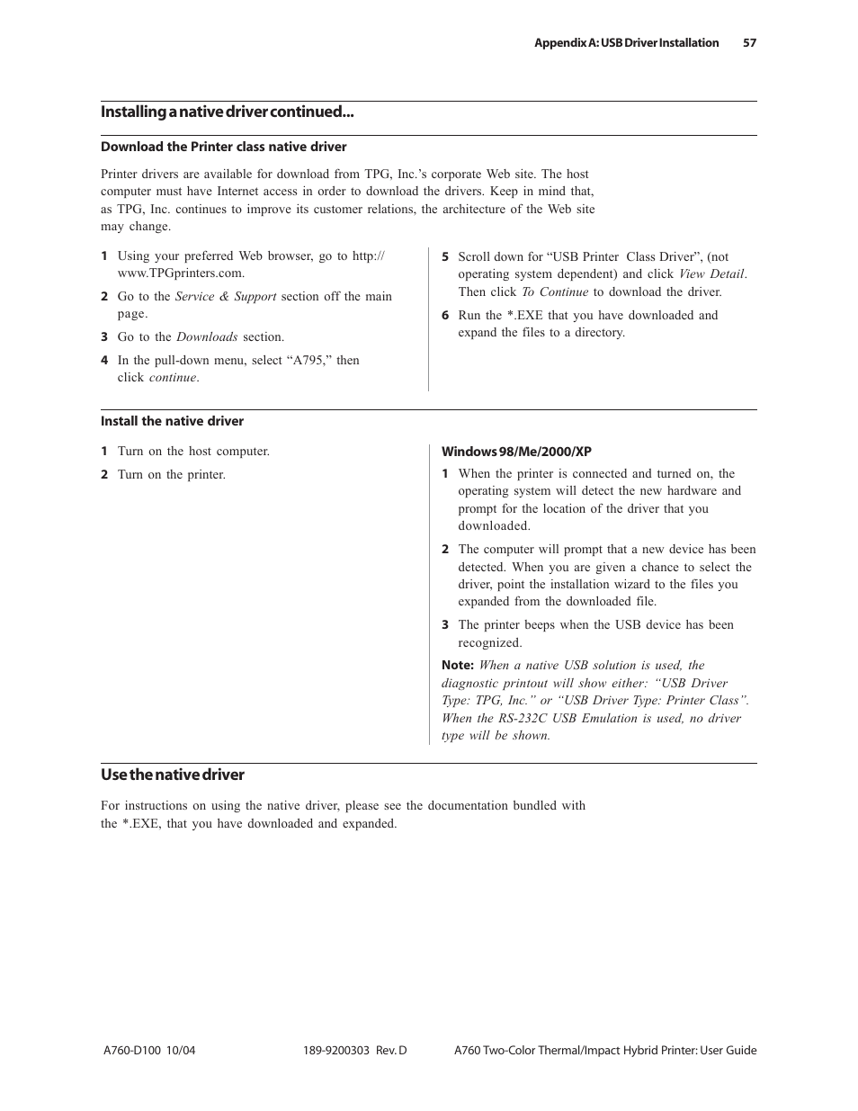 Installing a native driver continued, Use the native driver | CognitiveTPG A760 User Manual | Page 57 / 64