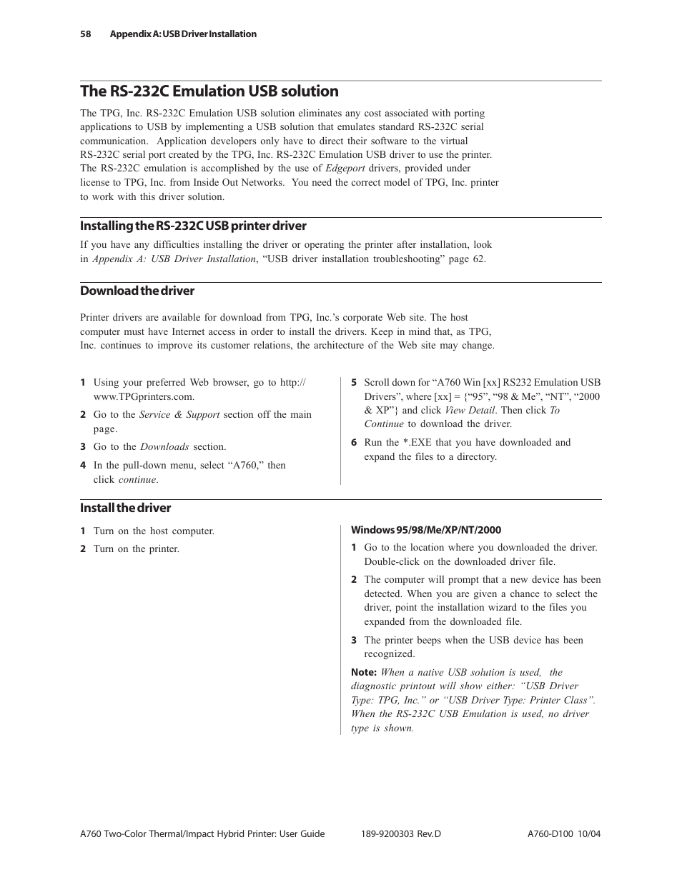 The rs-232c emulation usb solution | CognitiveTPG A760 User Manual | Page 58 / 64