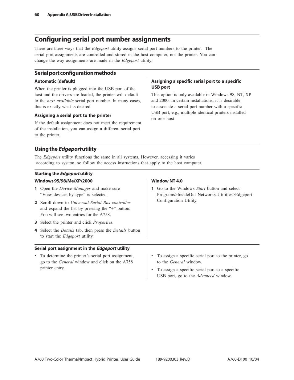 Configuring serial port number assignments, Edgeport | CognitiveTPG A760 User Manual | Page 60 / 64