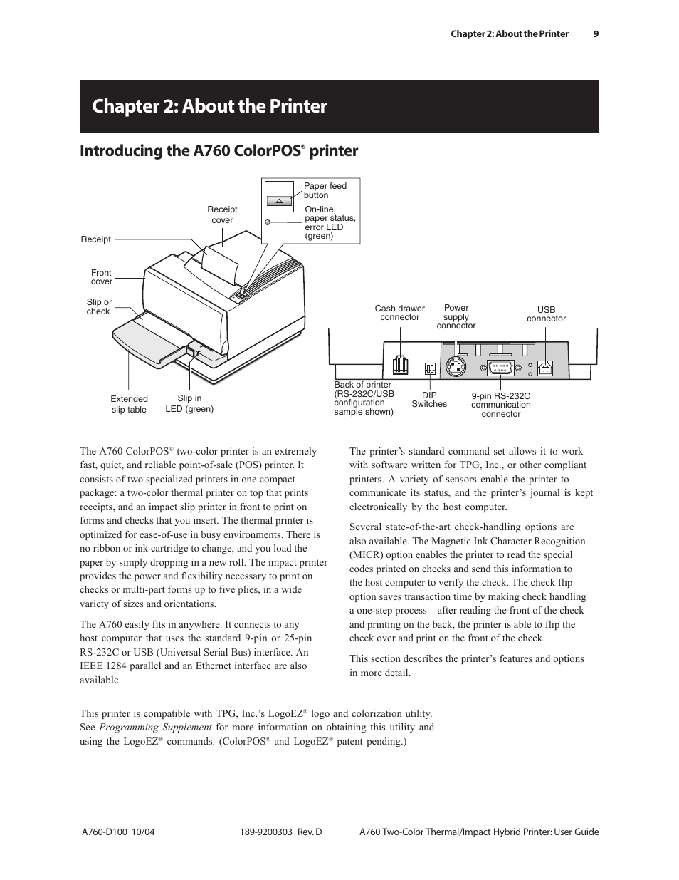 Chapter 2: about the printer, Introducing the a760 colorpos, Printer | CognitiveTPG A760 User Manual | Page 9 / 64