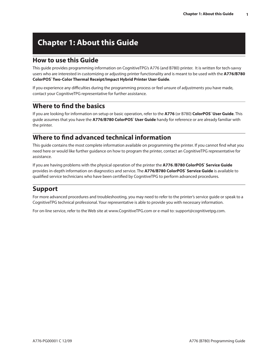Chapter 1: about this guide, How to use this guide, Where to find the basics | Where to find advanced technical information, Support | CognitiveTPG B780 User Manual | Page 13 / 192