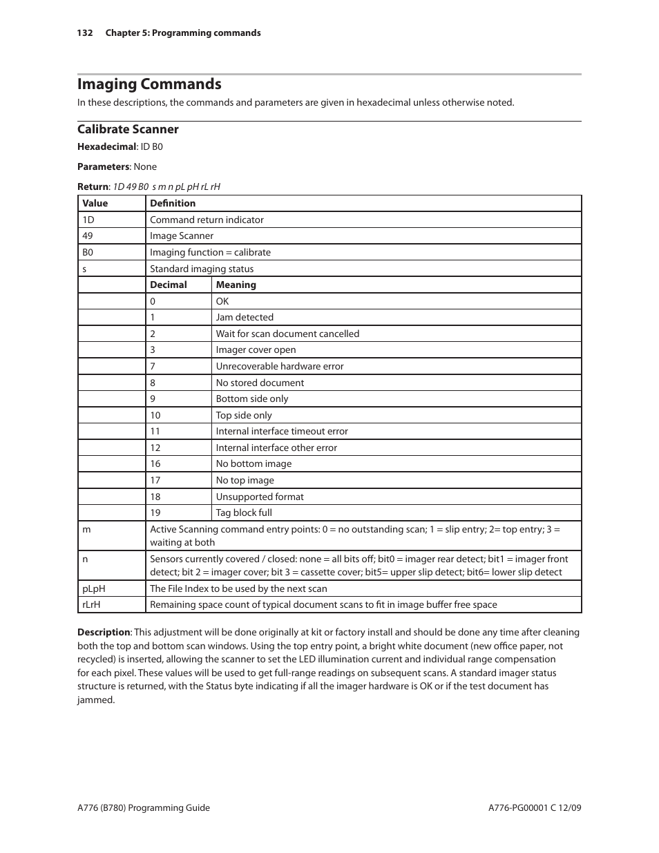 Imaging commands, Calibrate scanner | CognitiveTPG B780 User Manual | Page 144 / 192