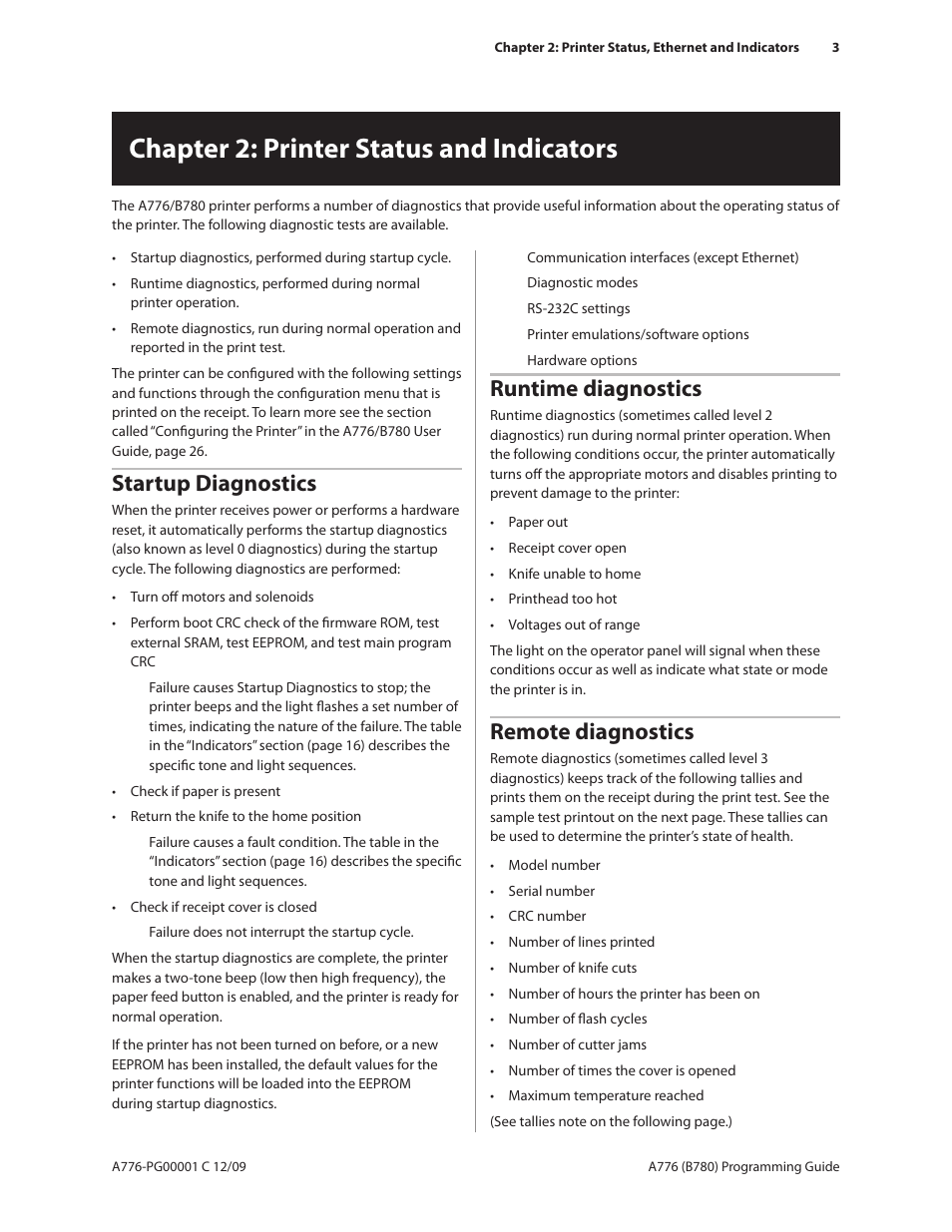 Chapter 2: printer status and indicators, Startup diagnostics, Runtime diagnostics | Remote diagnostics | CognitiveTPG B780 User Manual | Page 15 / 192
