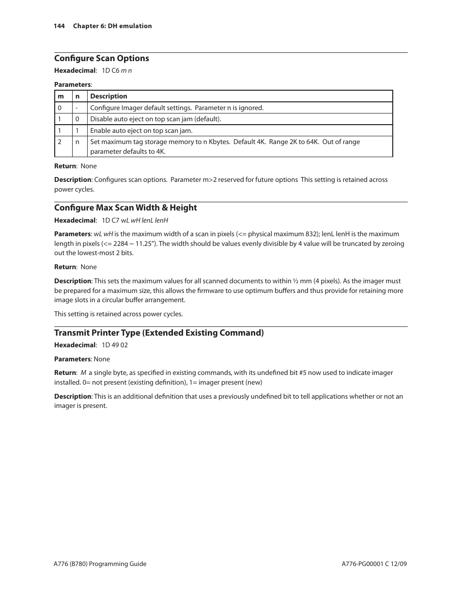 Configure scan options, Configure max scan width & height, Transmit printer type (extended existing command) | CognitiveTPG B780 User Manual | Page 156 / 192