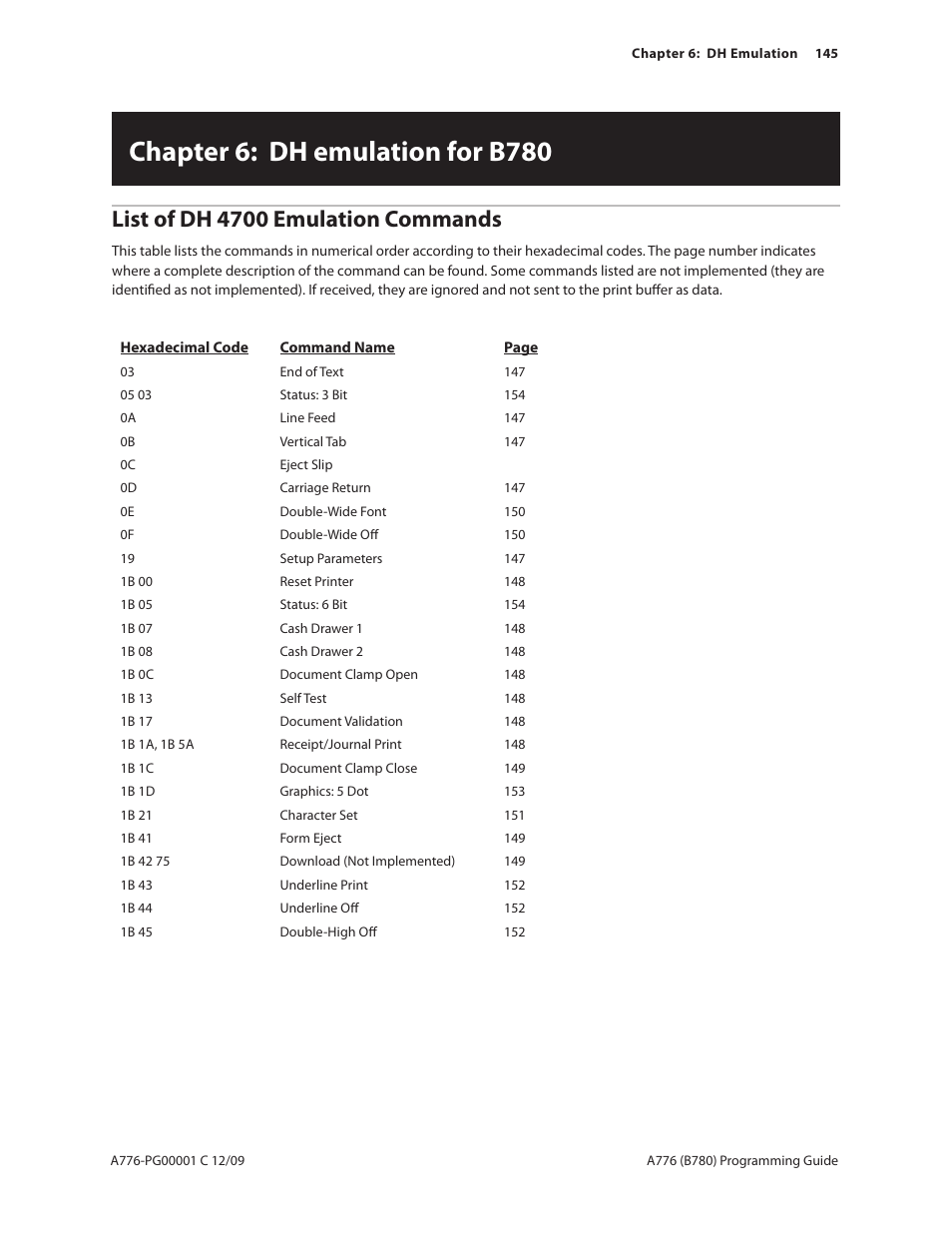 Chapter 6: dh emulation for b780, List of dh 4700 emulation commands | CognitiveTPG B780 User Manual | Page 157 / 192