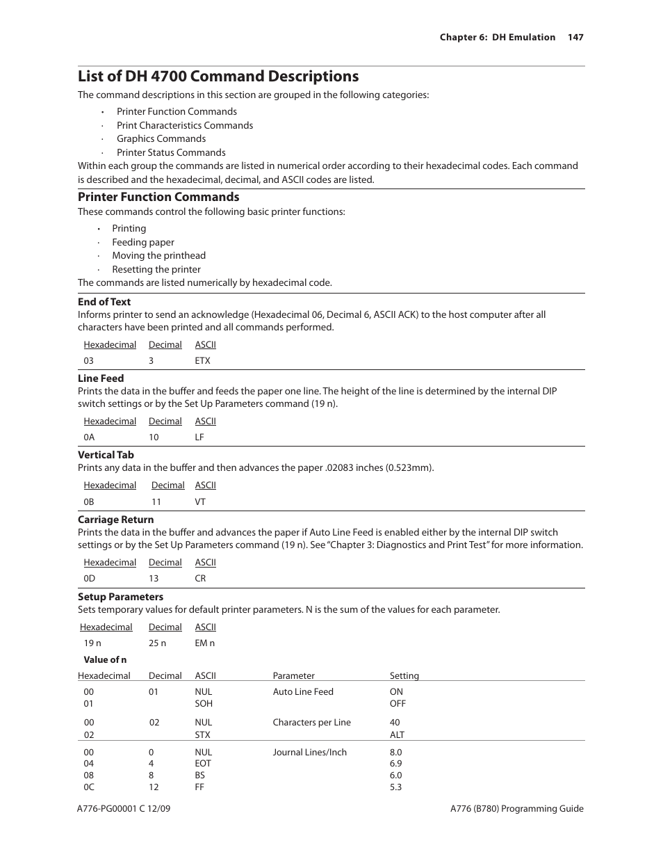 List of dh 4700 command descriptions, Printer function commands | CognitiveTPG B780 User Manual | Page 159 / 192