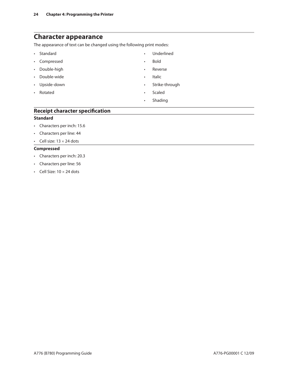 Character appearance, Receipt character specification | CognitiveTPG B780 User Manual | Page 36 / 192
