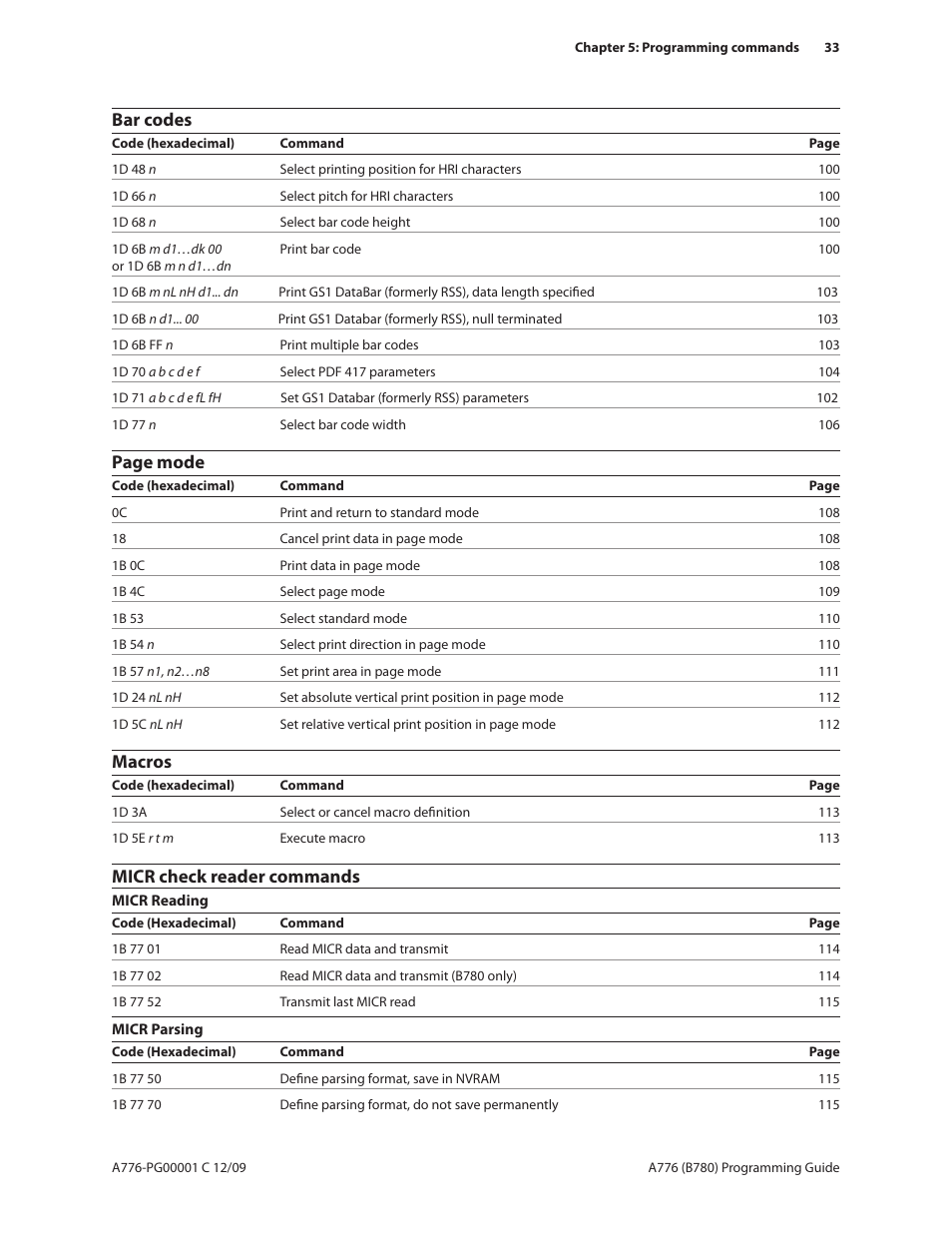 Bar codes, Page mode, Macros | Micr check reader commands | CognitiveTPG B780 User Manual | Page 45 / 192