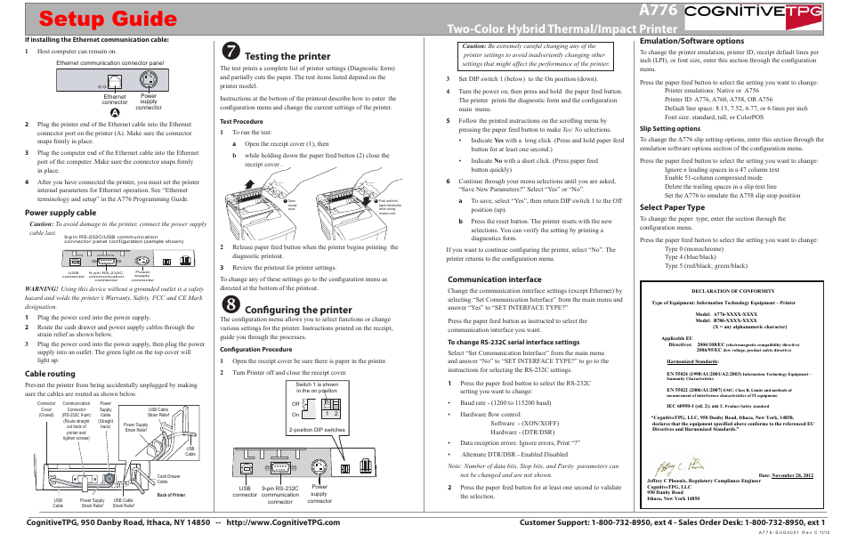 Setup guide, A776, Two-color | Hybrid thermal/impact printer, Testing the printer, Configuring the printer, Communication interface, Select paper type, Cable routing, Power supply cable | CognitiveTPG A776 User Manual | Page 2 / 2