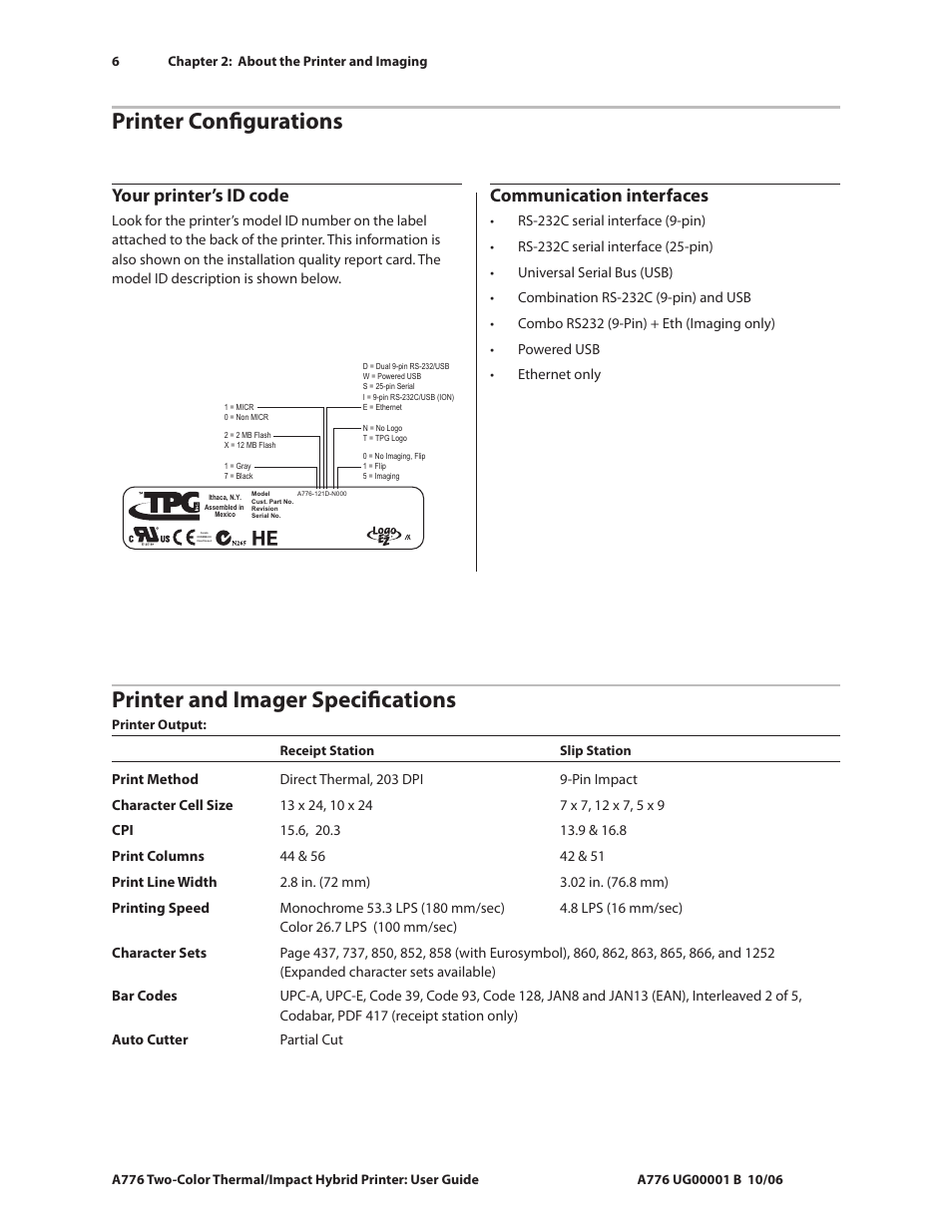 Printer configurations, Printer and imager specifications, Your printer’s id code | Communication interfaces | CognitiveTPG A776 User Manual | Page 11 / 52