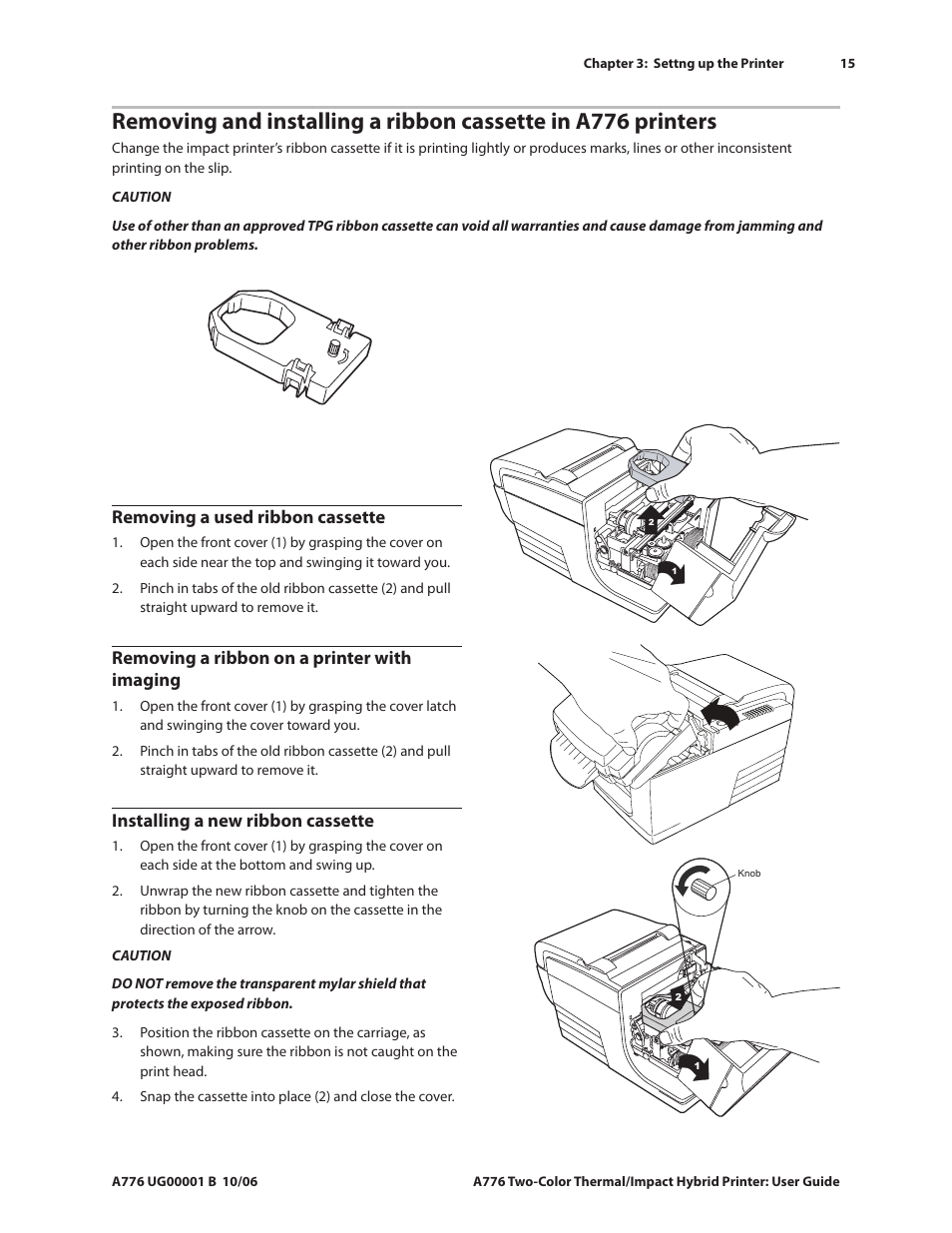 Removing a used ribbon cassette, Installing a new ribbon cassette, Removing a ribbon on a printer with imaging | CognitiveTPG A776 User Manual | Page 20 / 52