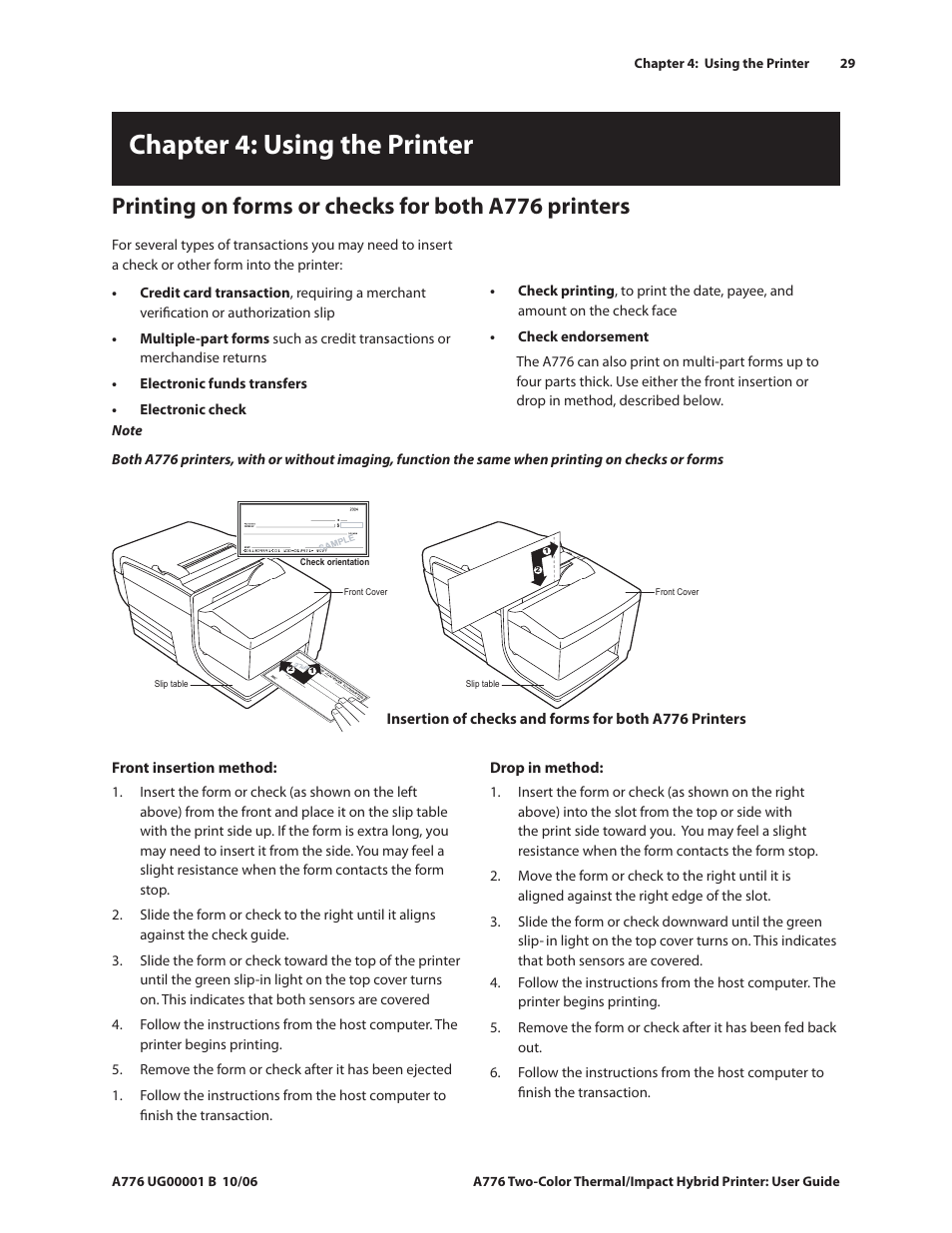 Chapter 4: using the printer, Printing on forms or checks for both a776 printers | CognitiveTPG A776 User Manual | Page 34 / 52