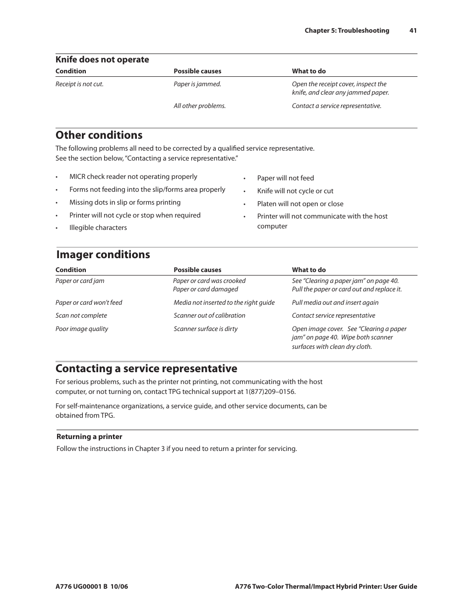 Other conditions, Contacting a service representative, Imager conditions | CognitiveTPG A776 User Manual | Page 46 / 52