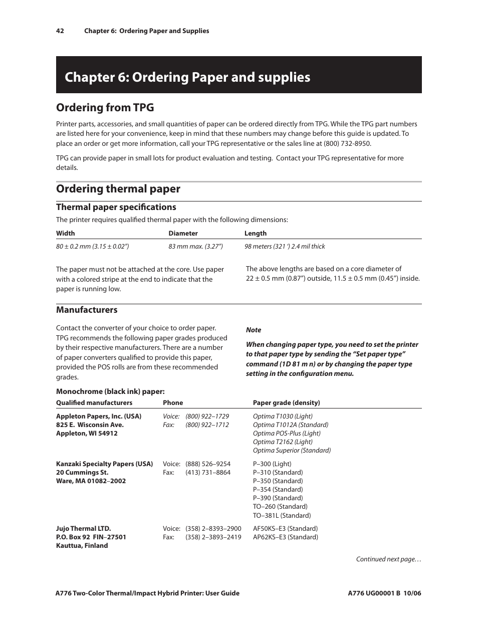 Chapter 6: ordering paper and supplies, Ordering from tpg, Ordering thermal paper | Thermal paper specifications, Manufacturers | CognitiveTPG A776 User Manual | Page 47 / 52