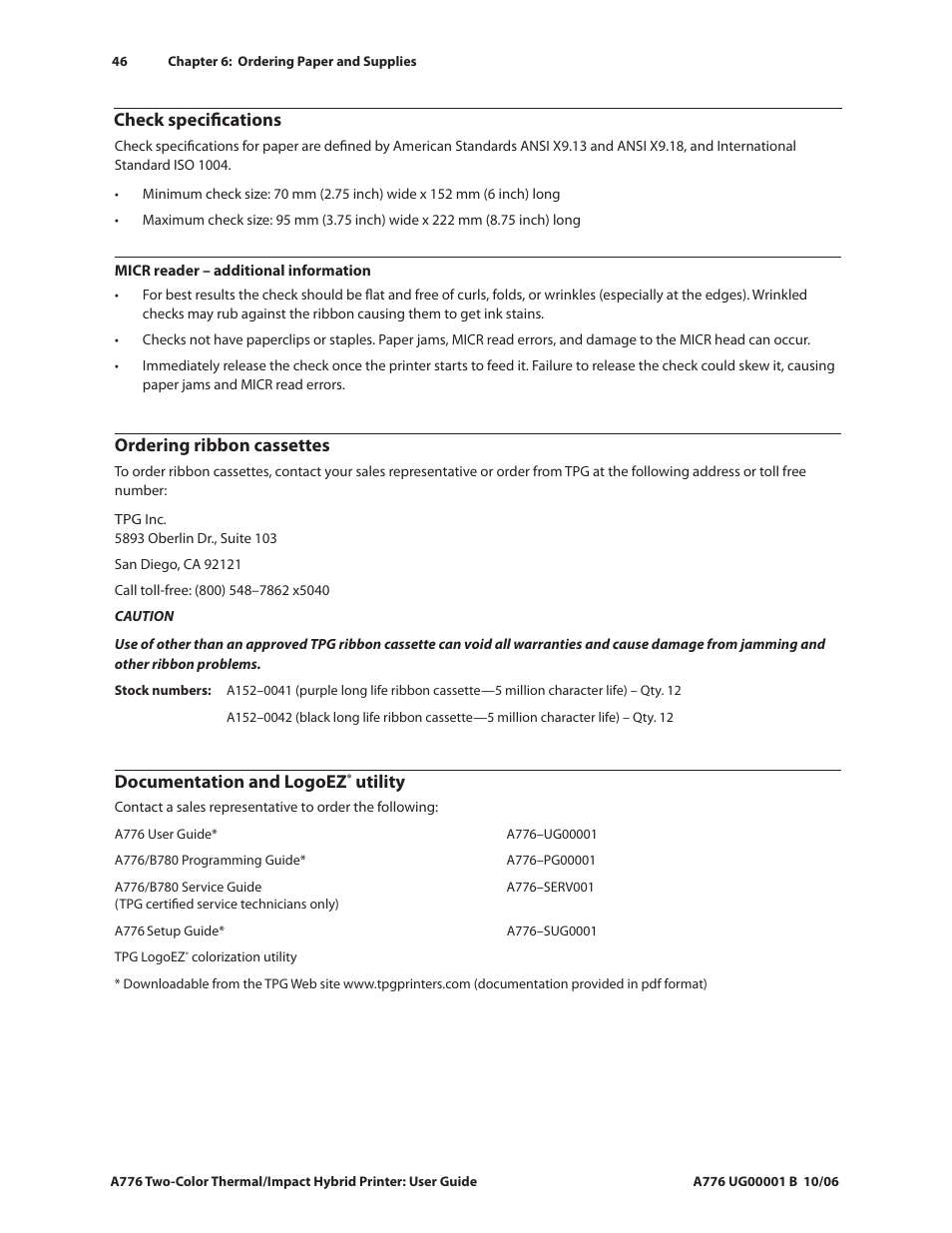 Check specifications, Ordering ribbon cassettes, Documentation and logoez | Utility | CognitiveTPG A776 User Manual | Page 51 / 52