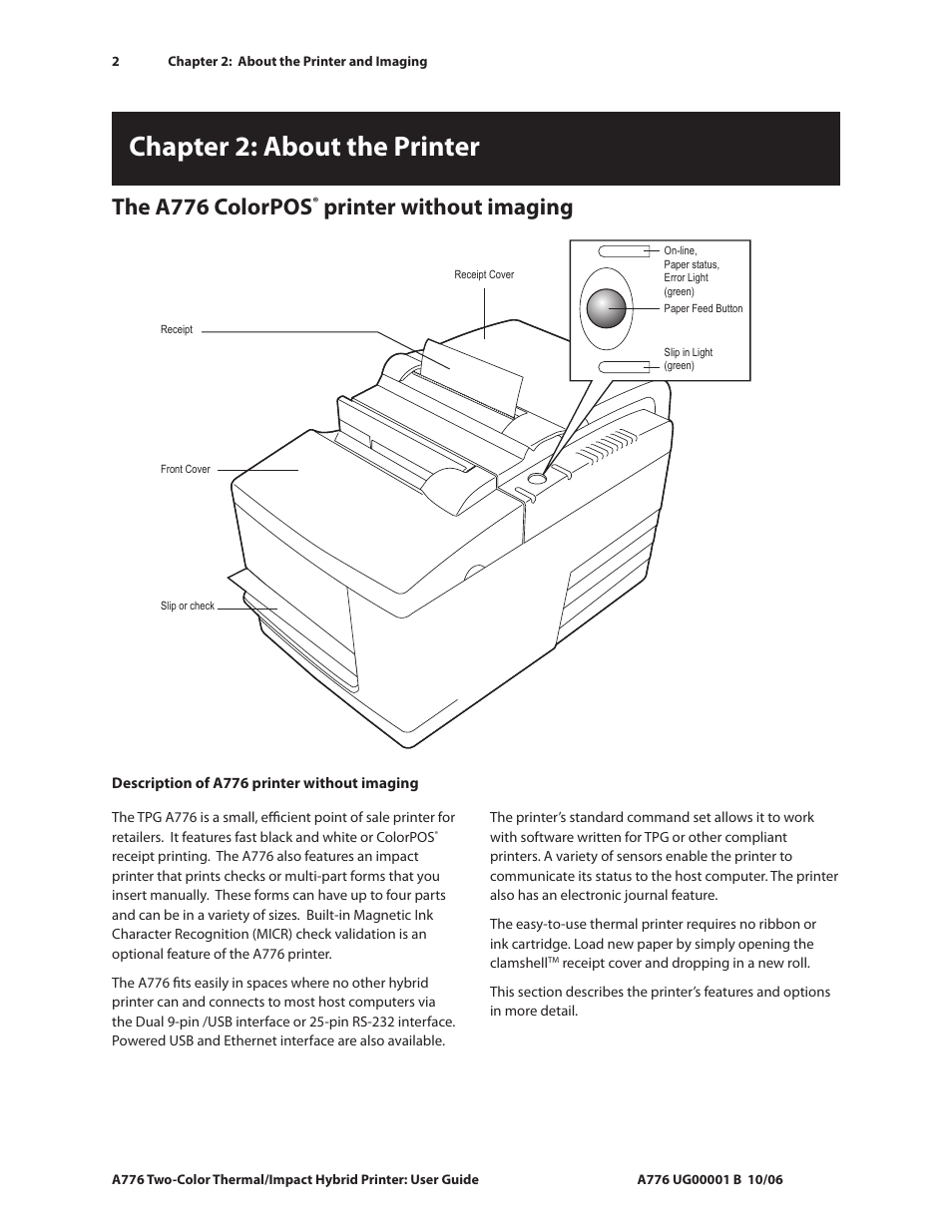 Chapter 2: about the printer, The a776 colorpos, Printer without imaging | CognitiveTPG A776 User Manual | Page 7 / 52