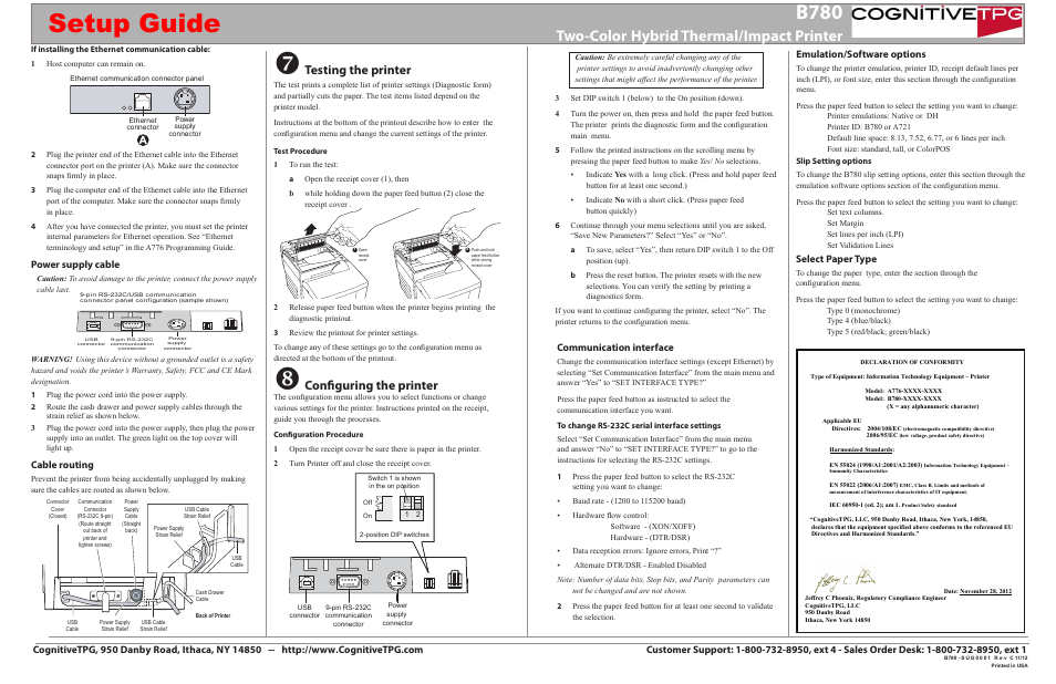Setup guide, B780, Two-color | Hybrid thermal/impact printer, Testing the printer, Configuring the printer, Communication interface, Select paper type, Cable routing, Power supply cable | CognitiveTPG B780 User Manual | Page 2 / 2