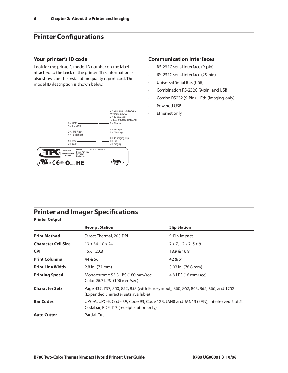 Printer configurations, Printer and imager specifications, Your printer’s id code | Communication interfaces | CognitiveTPG B780 User Manual | Page 11 / 52