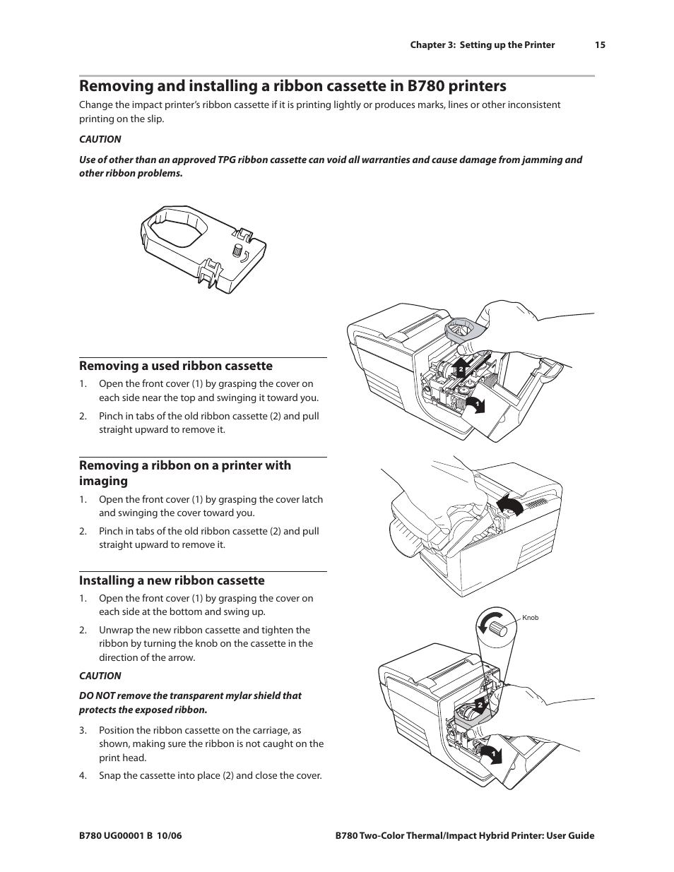 Removing a used ribbon cassette, Installing a new ribbon cassette, Removing a ribbon on a printer with imaging | CognitiveTPG B780 User Manual | Page 20 / 52
