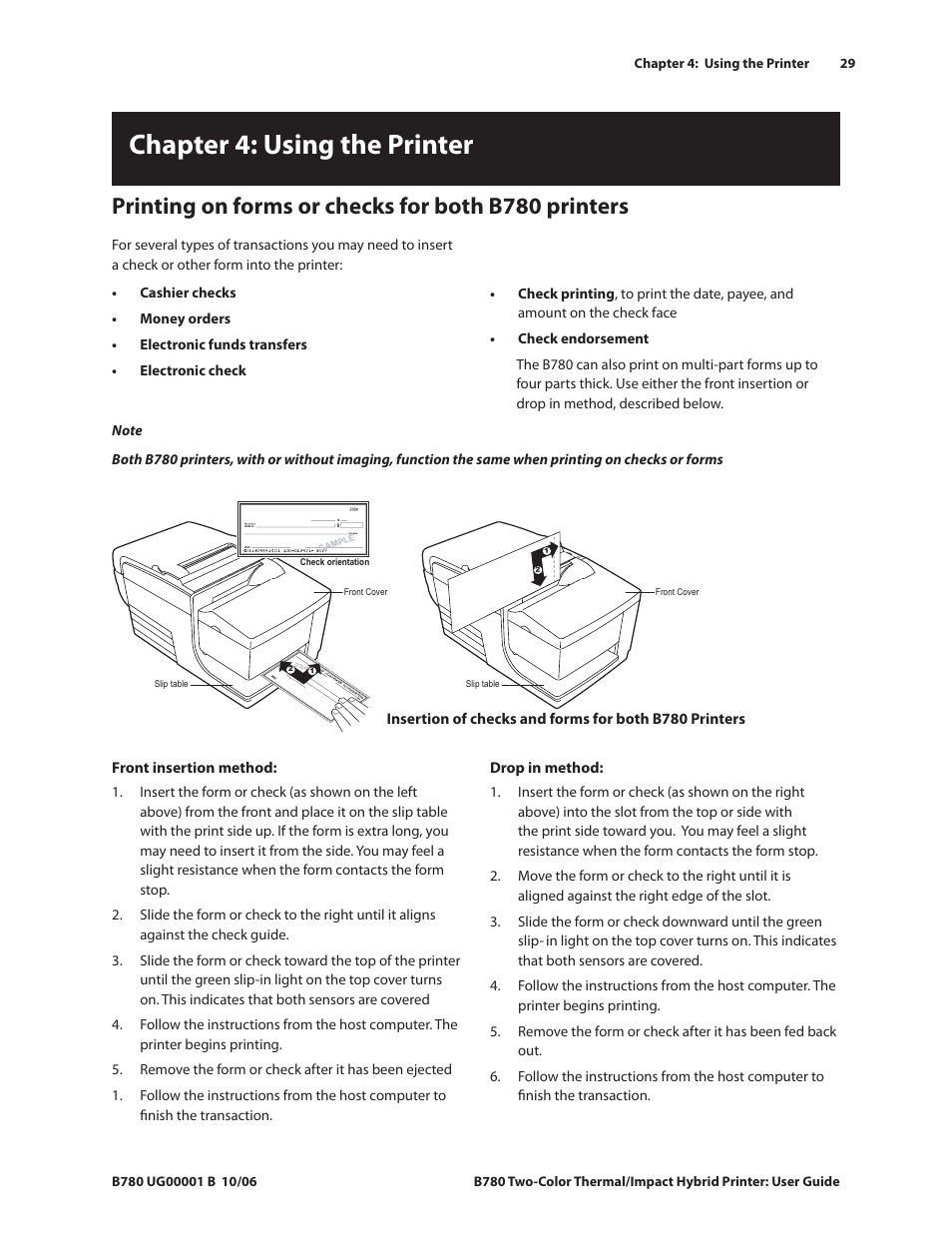 Chapter 4: using the printer, Printing on forms or checks for both b780 printers | CognitiveTPG B780 User Manual | Page 34 / 52