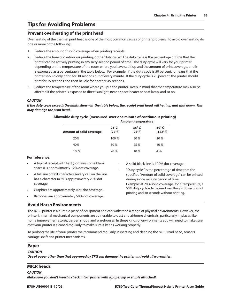 Tips for avoiding problems, Prevent overheating of the print head, Avoid harsh environments | Paper, Micr heads | CognitiveTPG B780 User Manual | Page 38 / 52