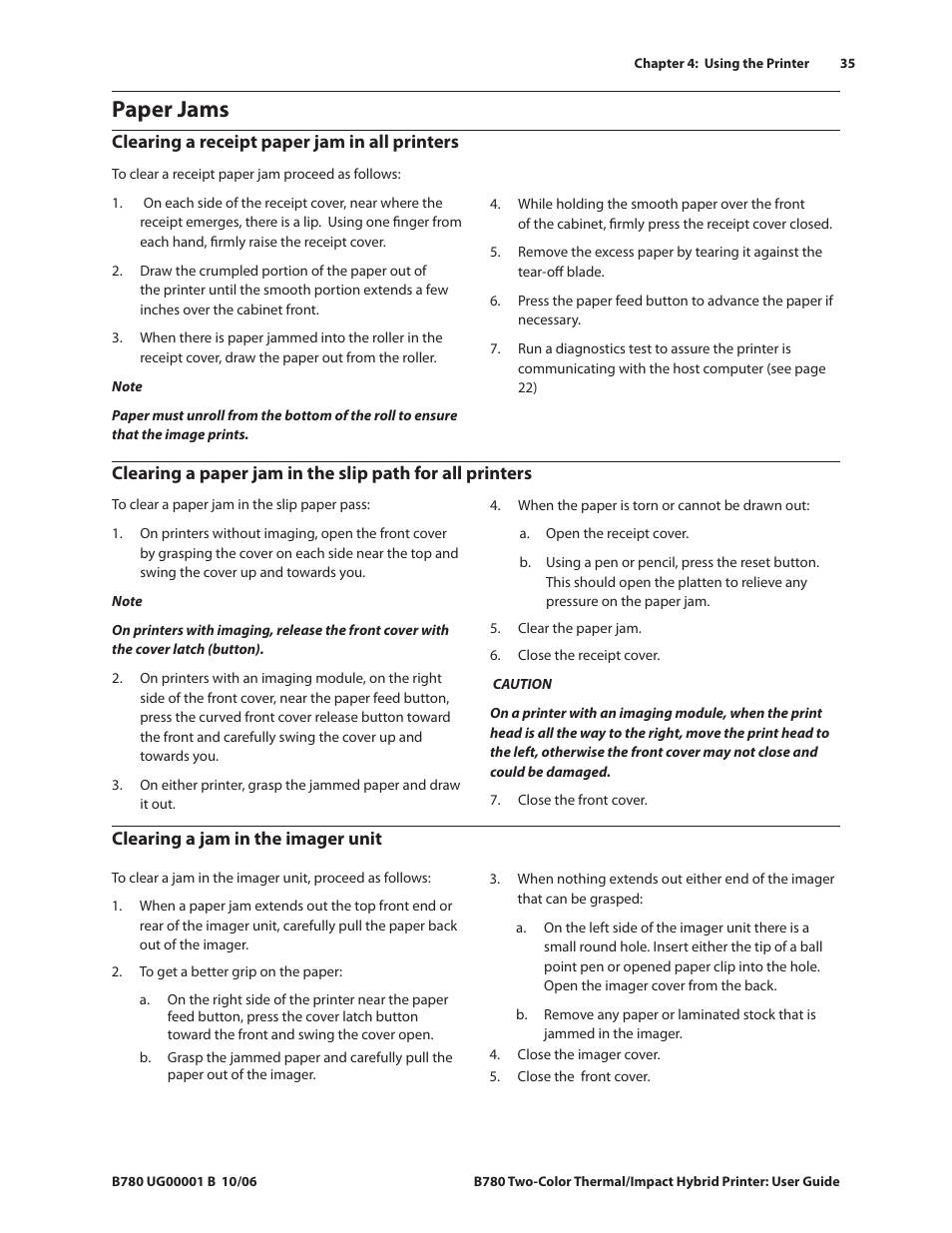Paper jams, Clearing a receipt paper jam in all printers, Clearing a jam in the imager unit | CognitiveTPG B780 User Manual | Page 40 / 52