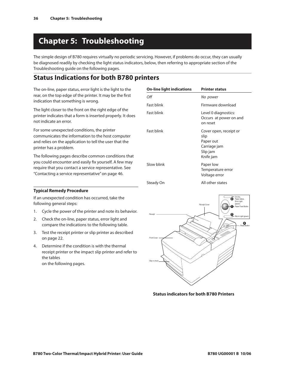 Chapter 5: troubleshooting, Status indications for both b780 printers | CognitiveTPG B780 User Manual | Page 41 / 52